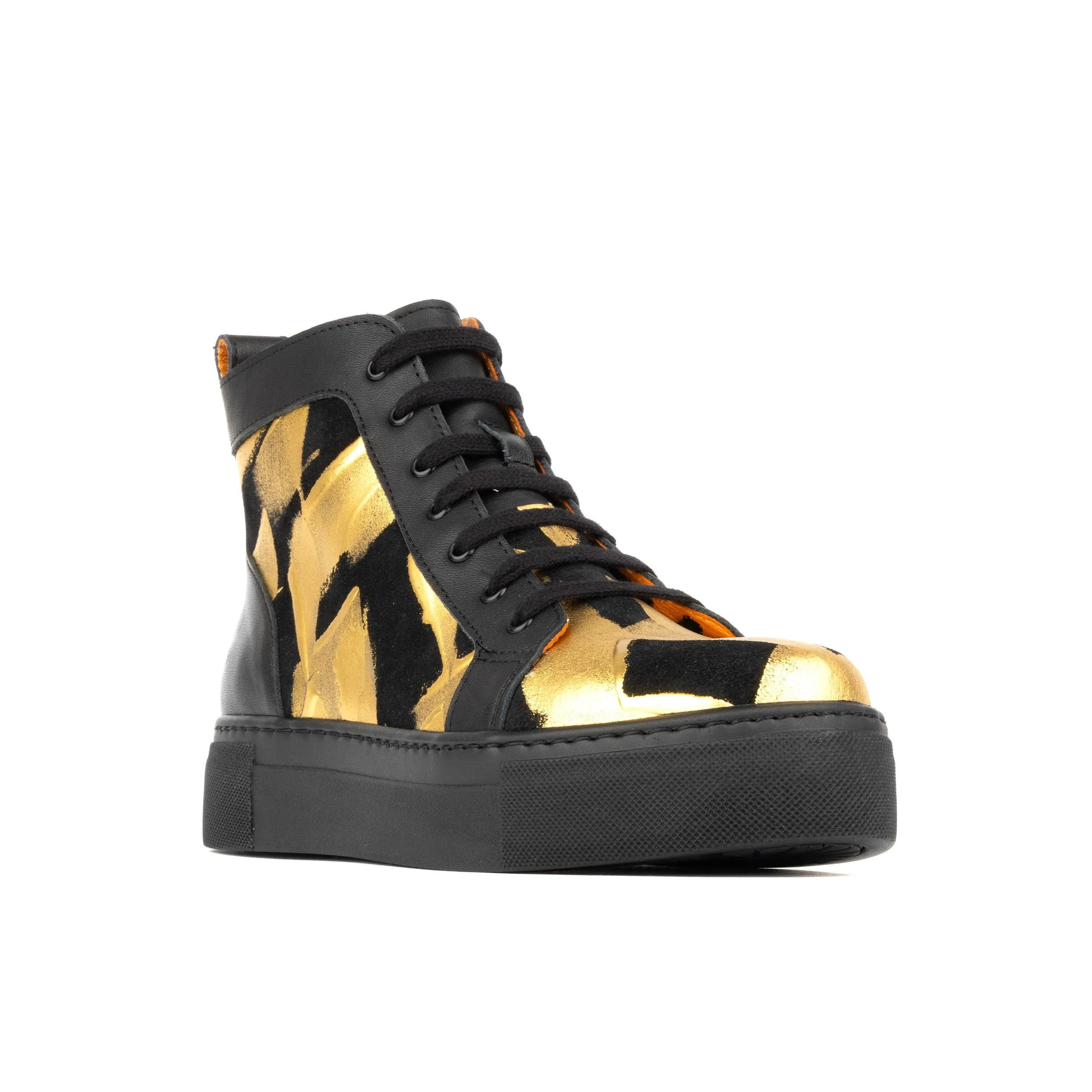 CAMILA HIGH GOLD BLACK - Women's black chunky sole high top leather trainer