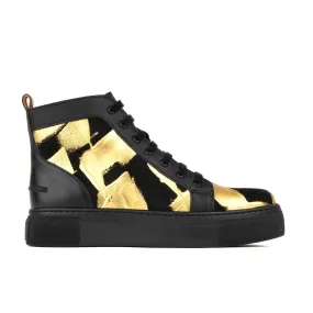 CAMILA HIGH GOLD BLACK - Women's black chunky sole high top leather trainer