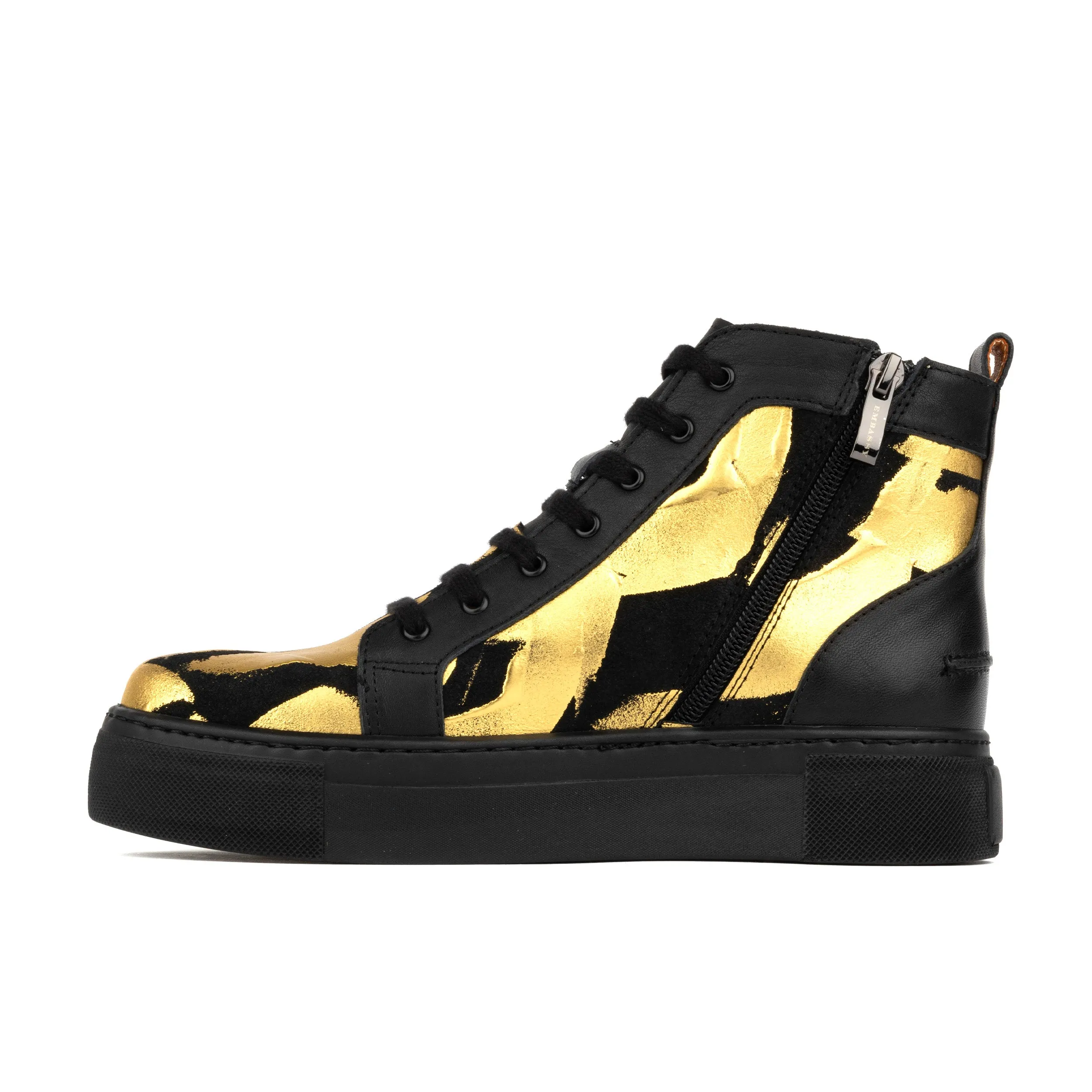 CAMILA HIGH GOLD BLACK - Women's black chunky sole high top leather trainer