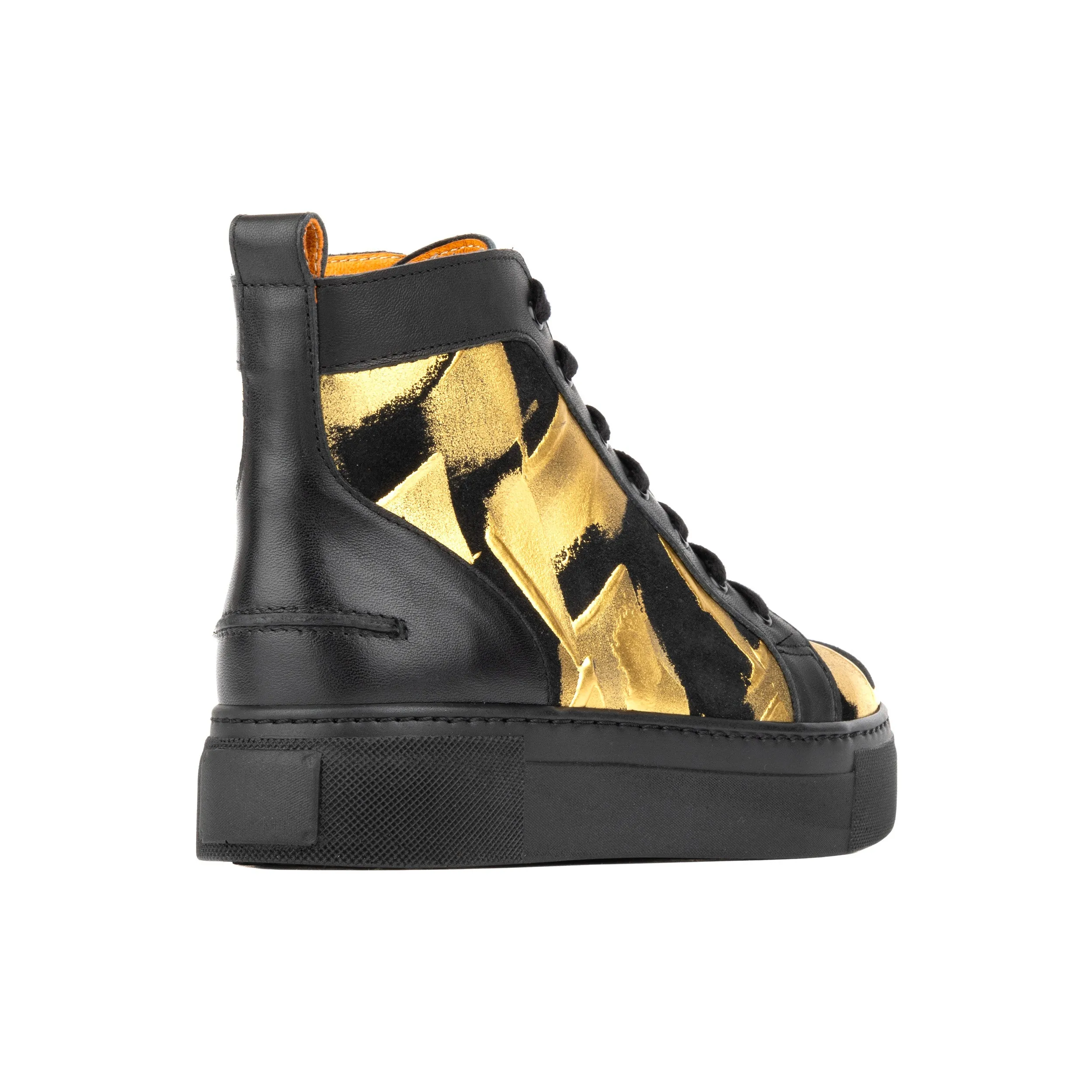 CAMILA HIGH GOLD BLACK - Women's black chunky sole high top leather trainer