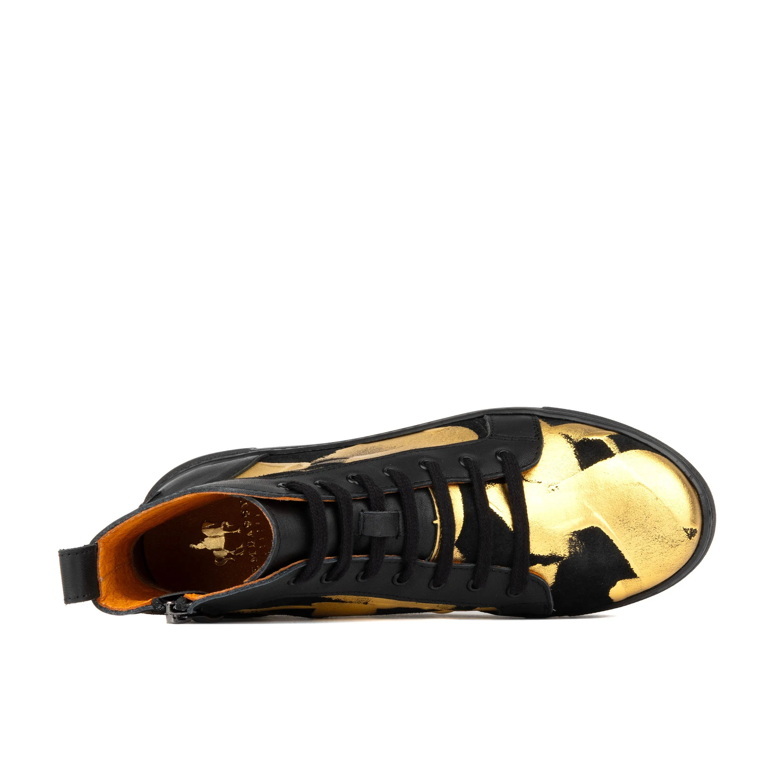 CAMILA HIGH GOLD BLACK - Women's black chunky sole high top leather trainer