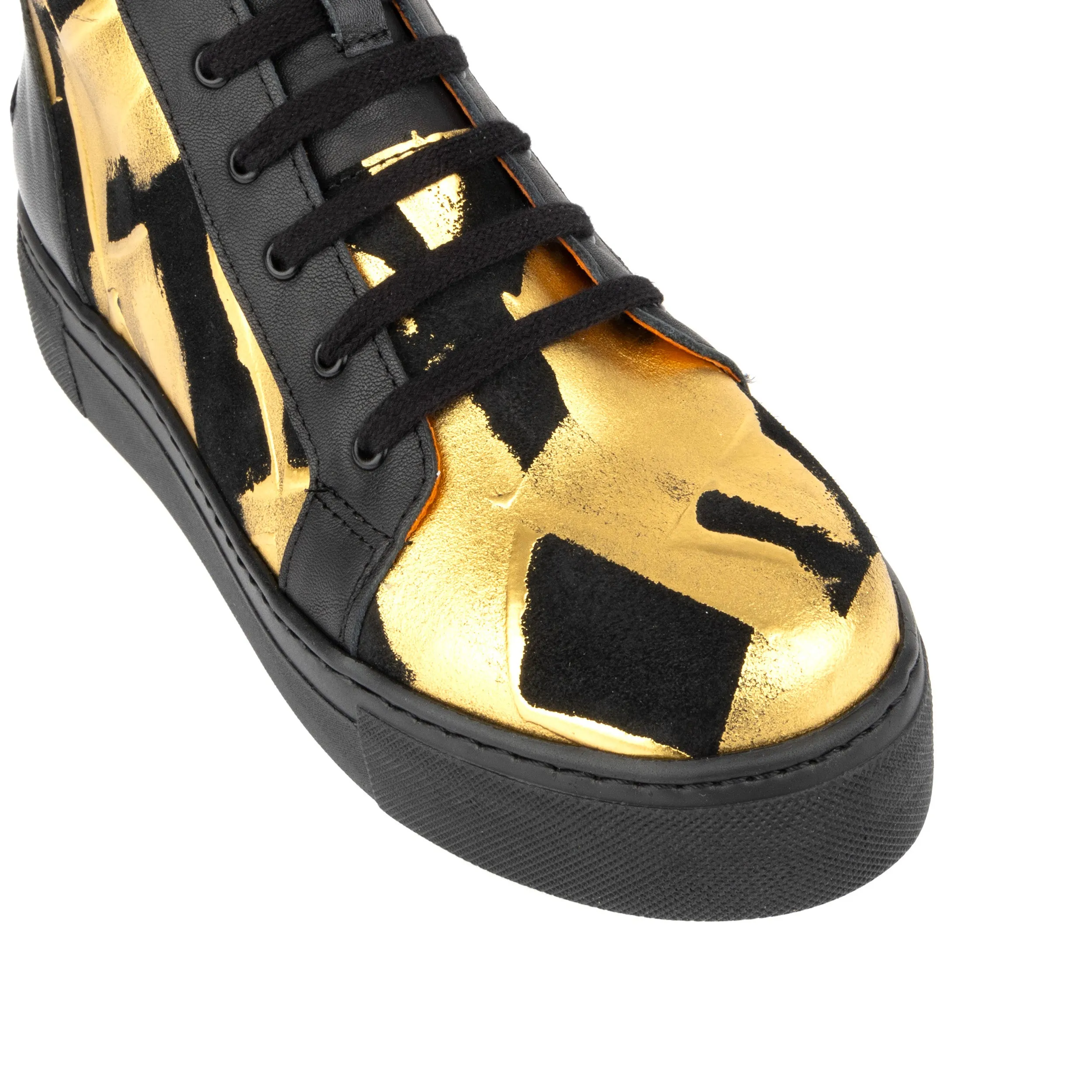 CAMILA HIGH GOLD BLACK - Women's black chunky sole high top leather trainer