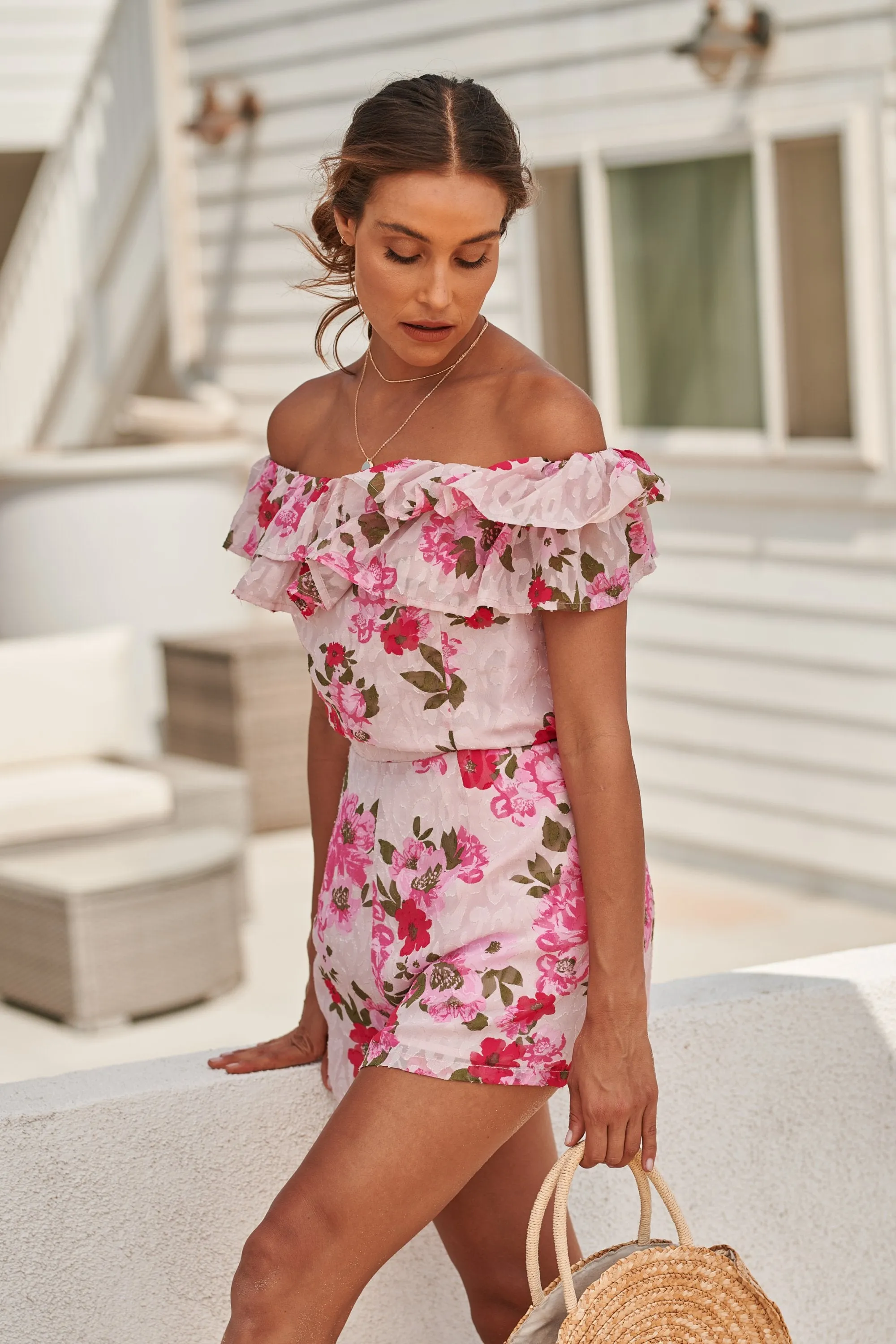 Celia Floral Off the Shoulder Ruffled Romper