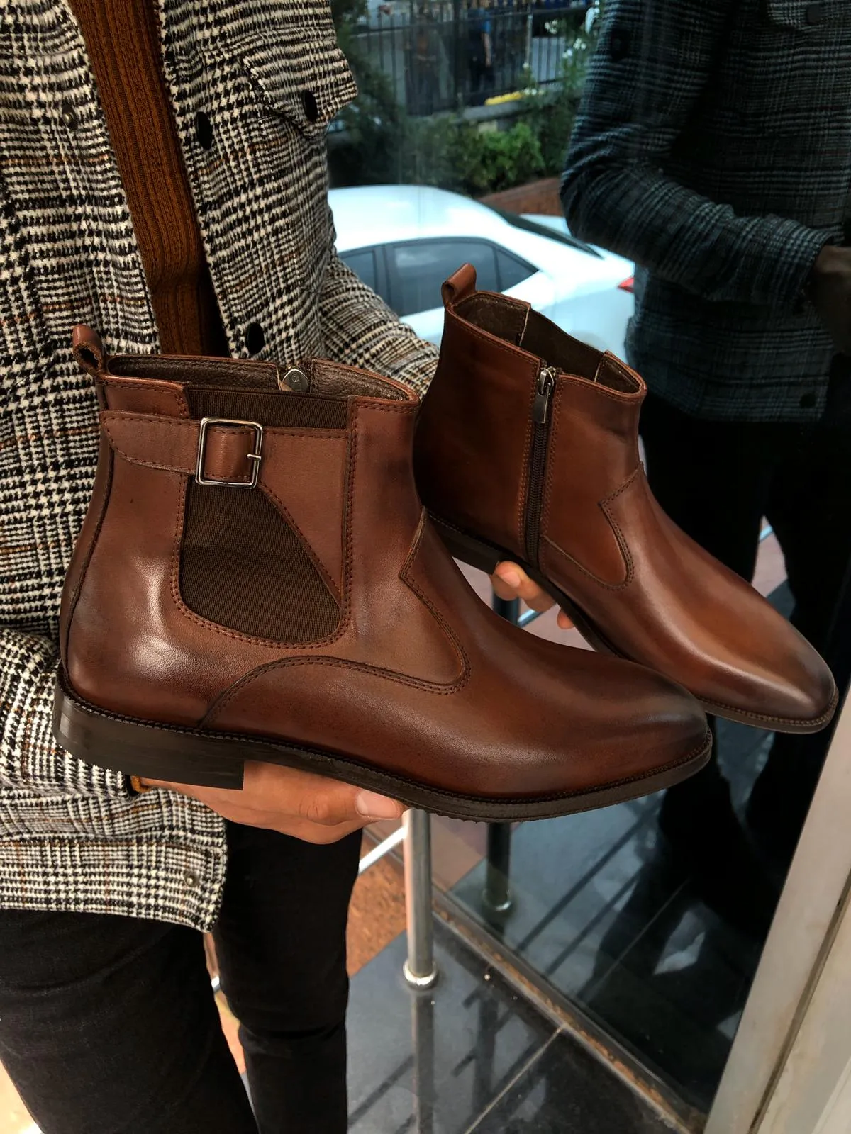 Chelsea Buckle Detail With Classic Leather Boots Brown