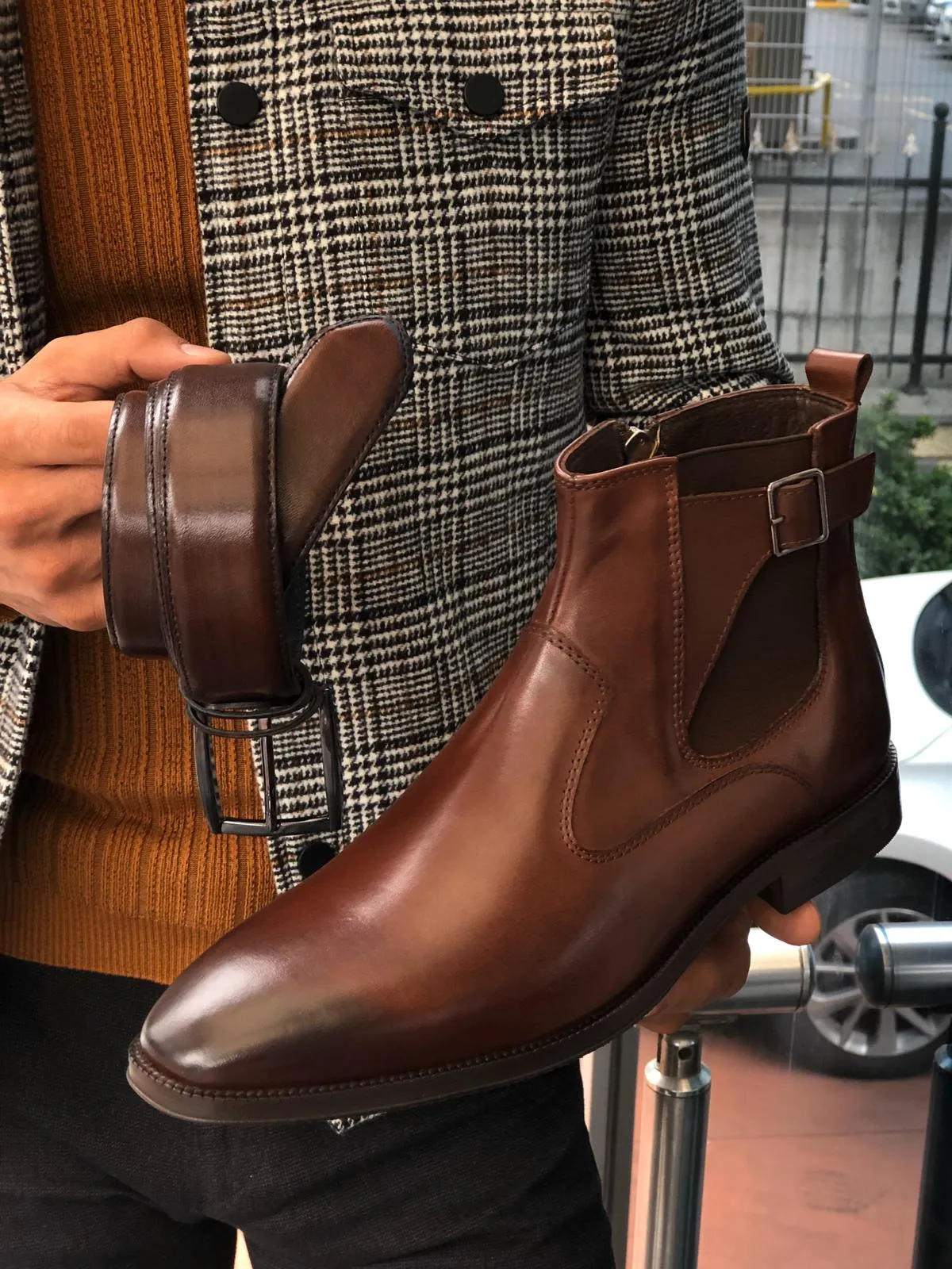 Chelsea Buckle Detail With Classic Leather Boots Brown