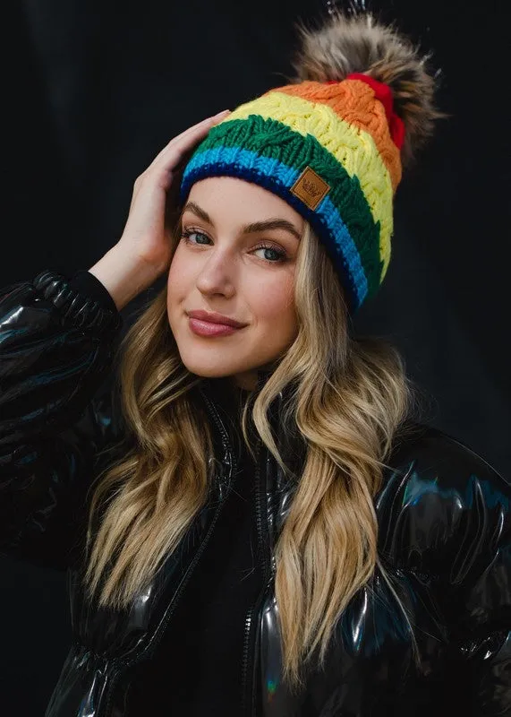 Classic Rainbow Stripe Cable Knit Hat with Pom