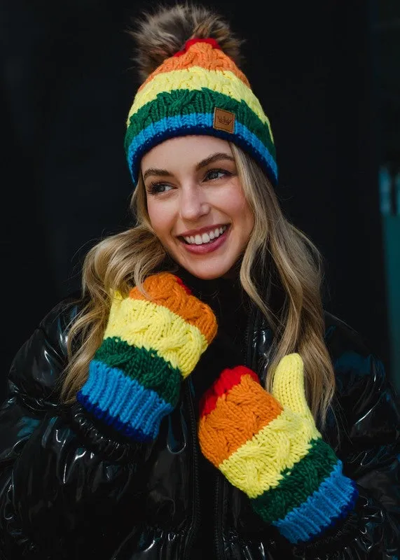 Classic Rainbow Stripe Cable Knit Hat with Pom