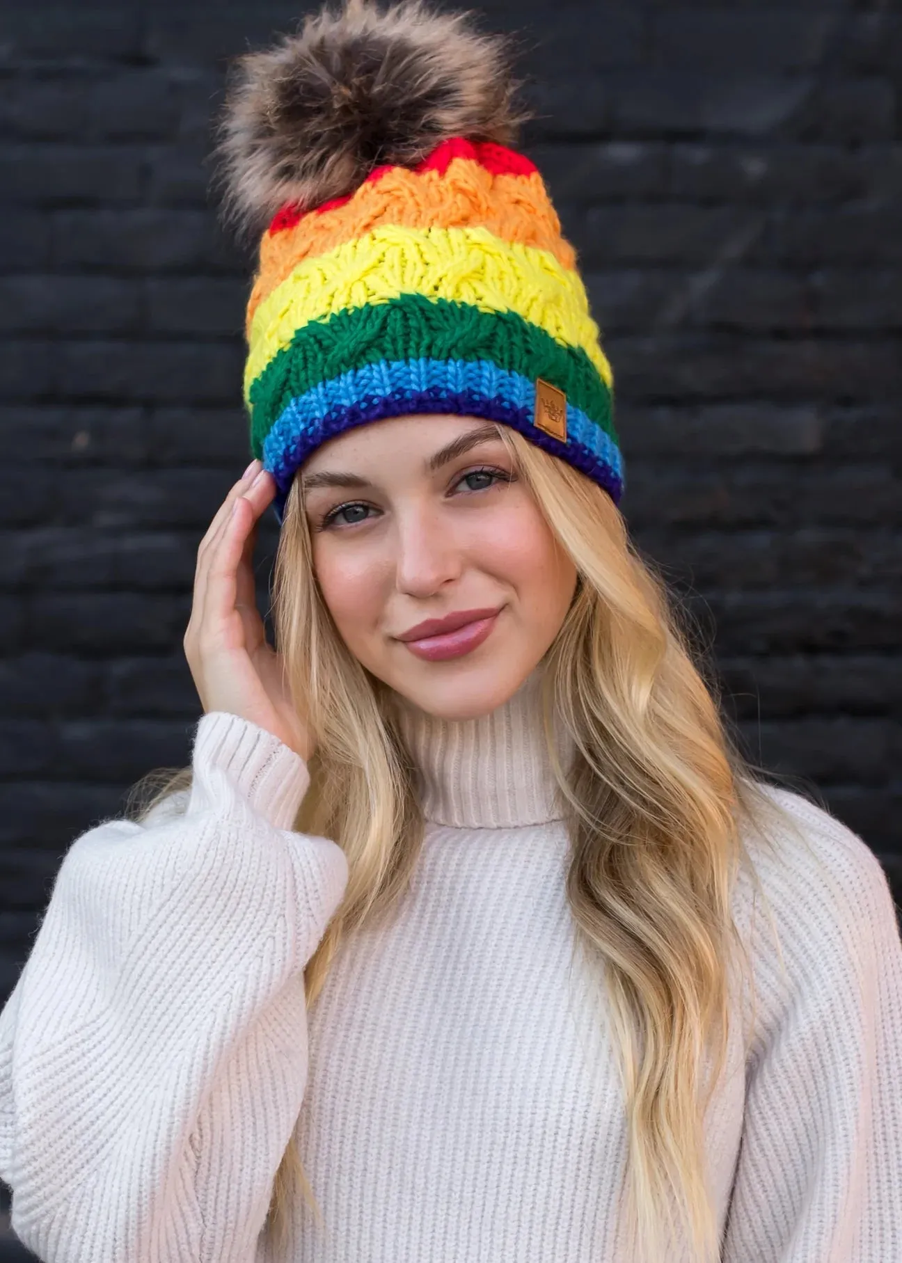 Classic Rainbow Stripe Cable Knit Hat with Pom