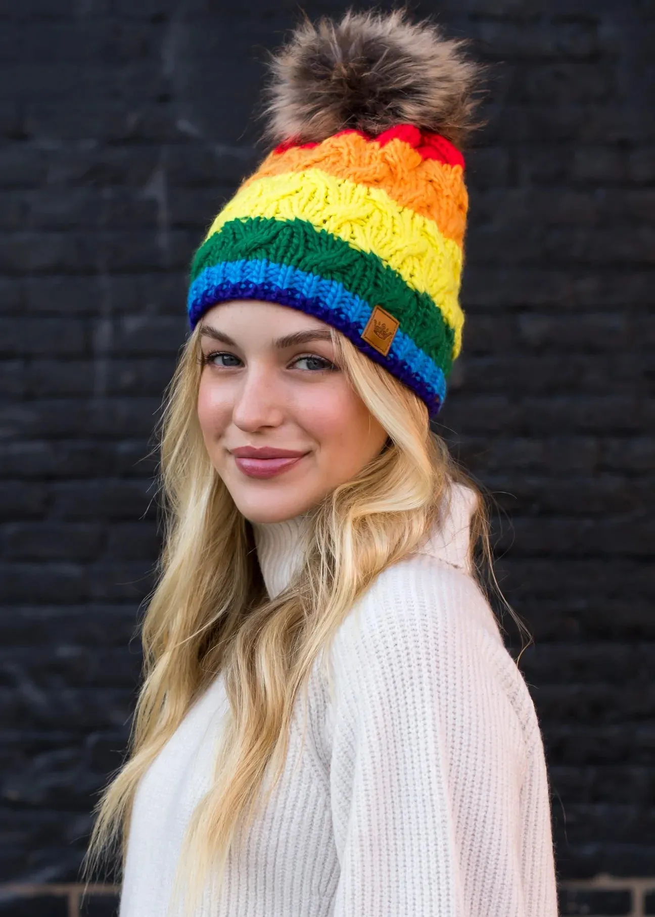 Classic Rainbow Stripe Cable Knit Hat with Pom