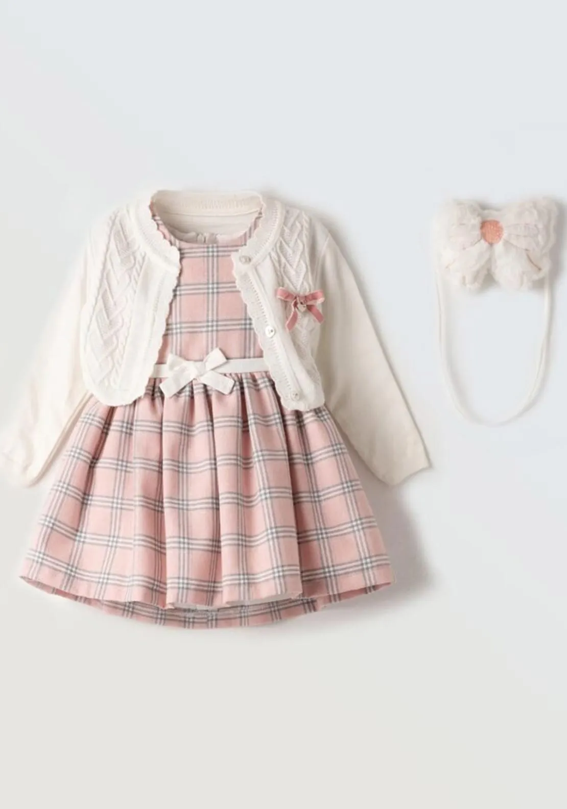 Ebita Baby Girl Check Dress and Cardigan Set, Pink