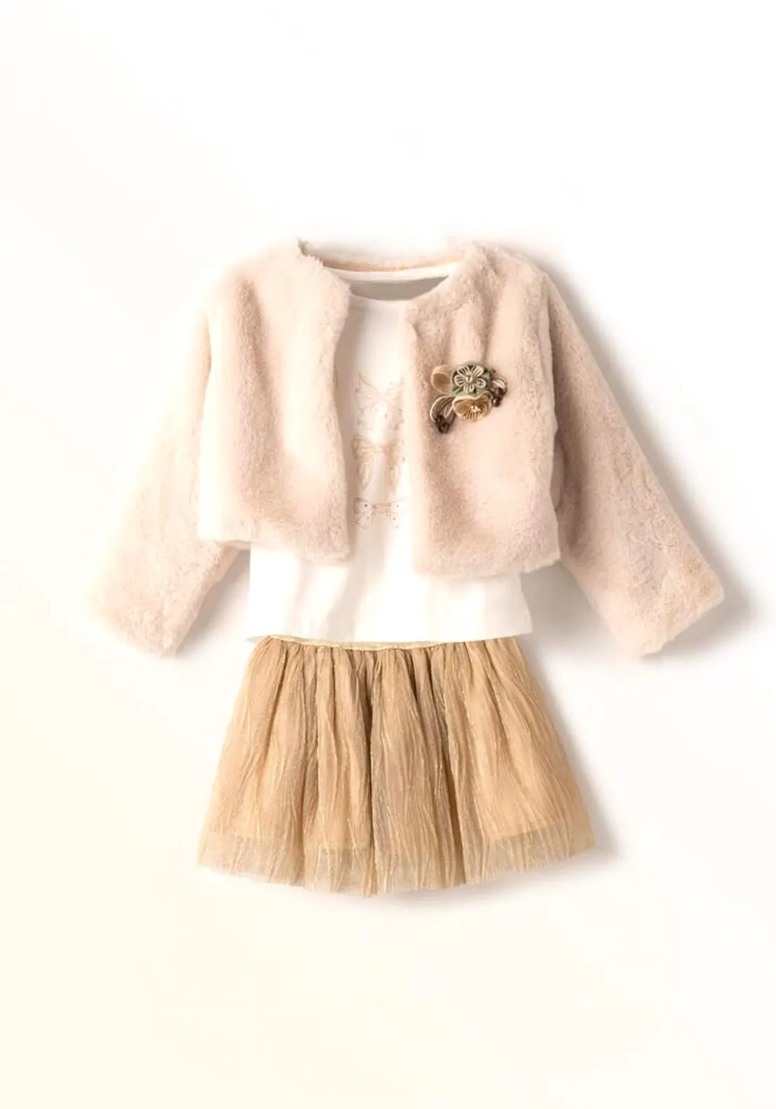 Ebita Mini Girl Tulle Skirt Jacket and Top Set, Gold