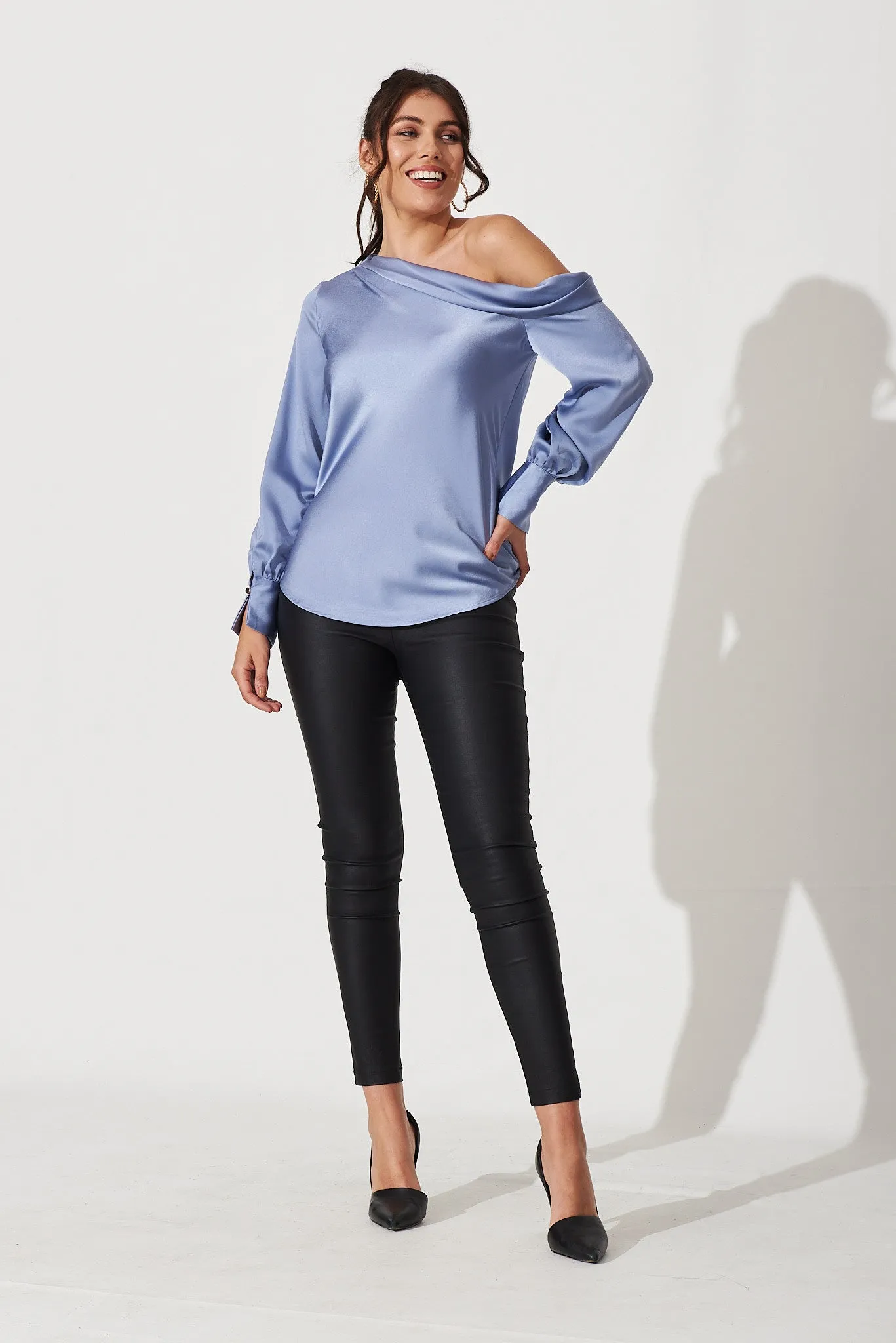 Eleanora Off Shoulder Top In Ice Blue Satin