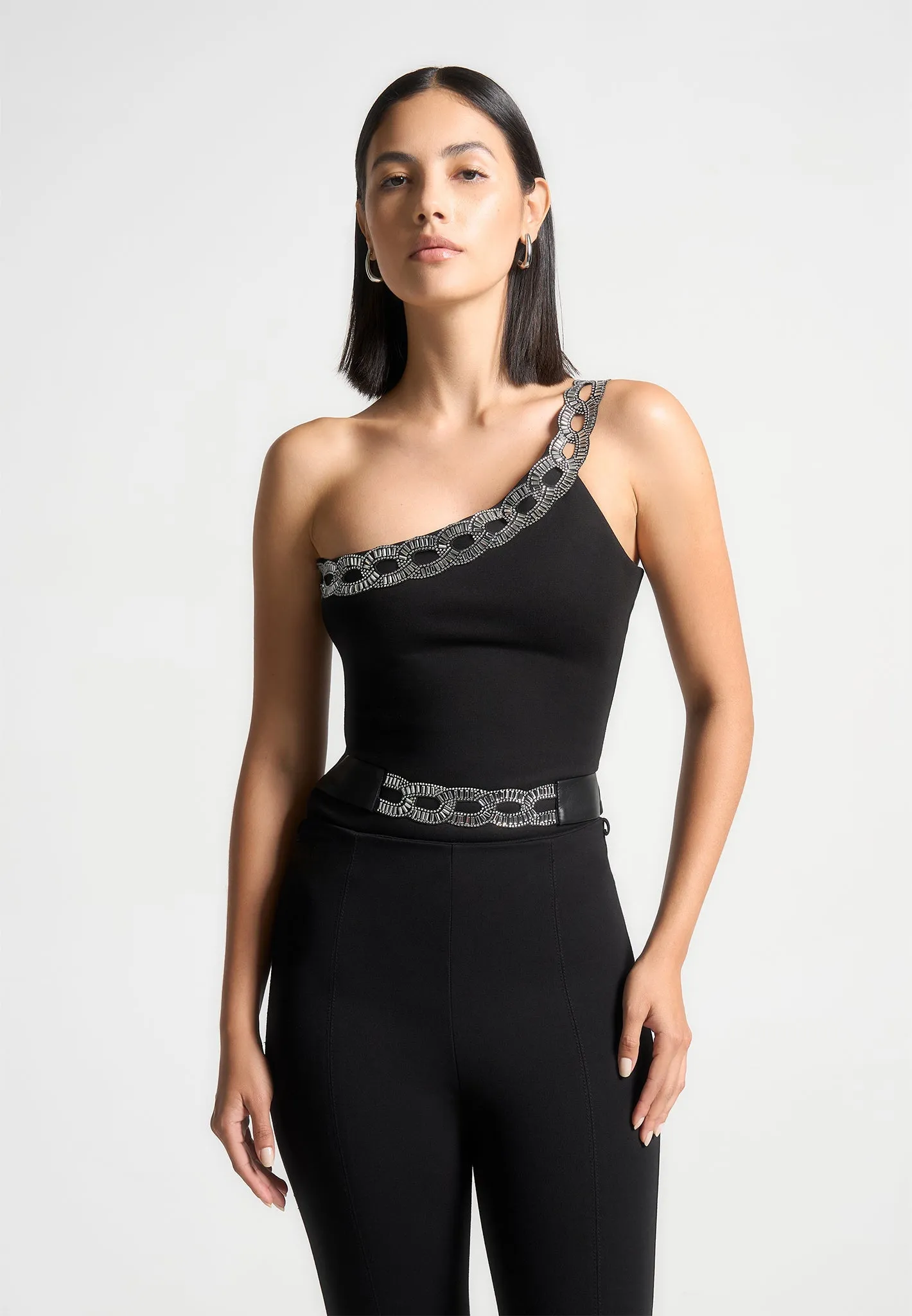 Embellished One Shoulder Bodysuit - Black