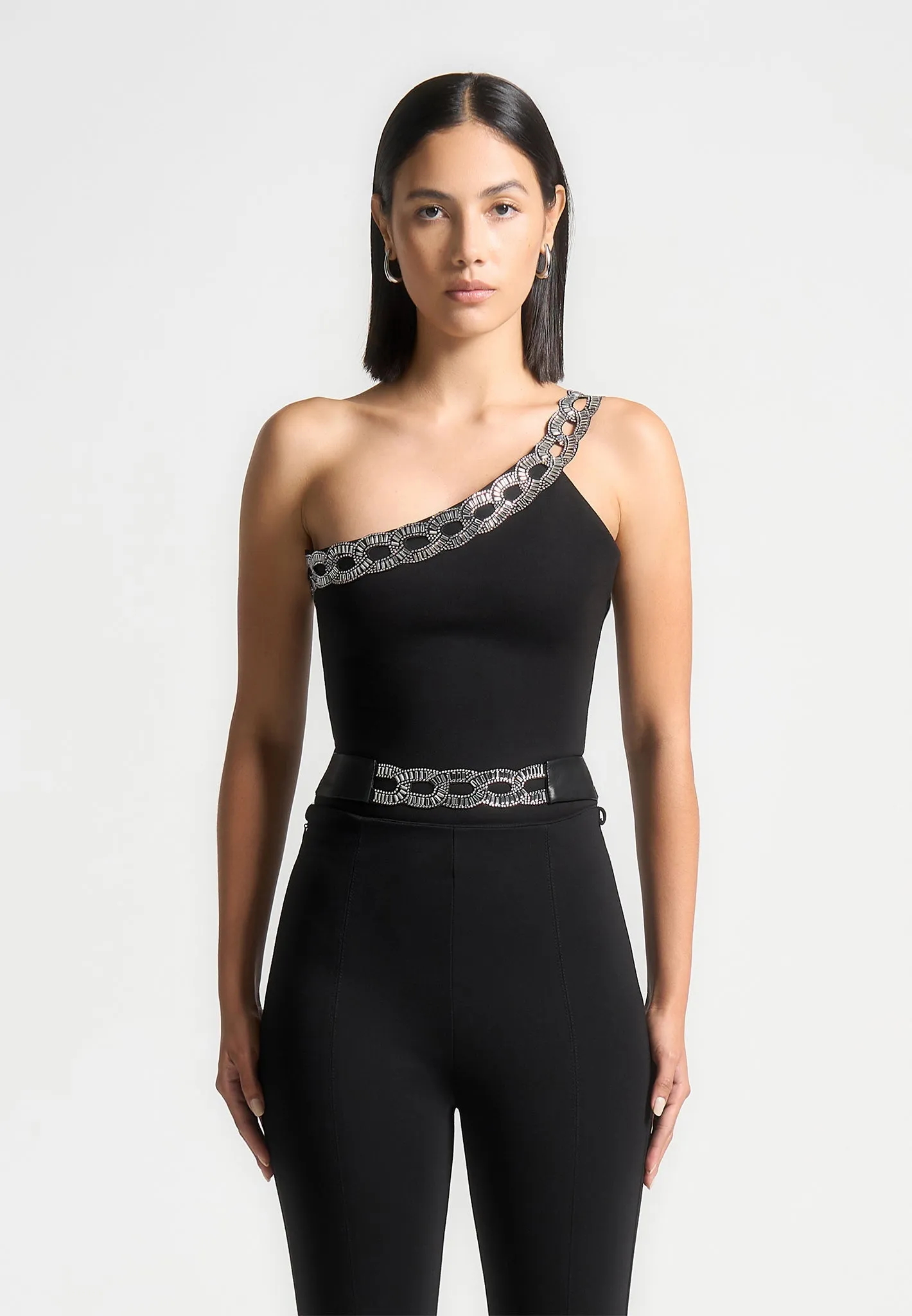 Embellished One Shoulder Bodysuit - Black