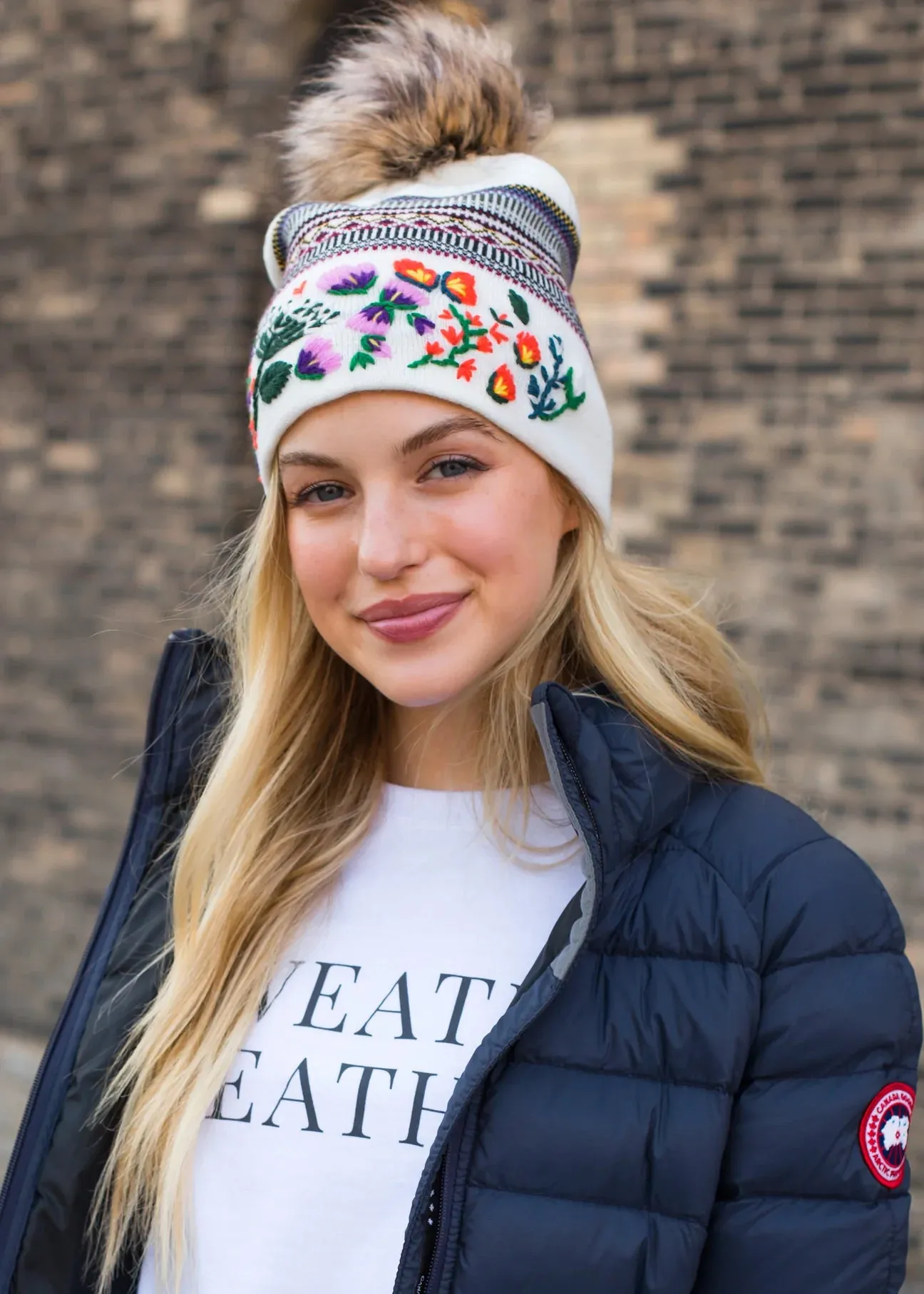 Embroidered Knit Hat with Faux Fur Pom