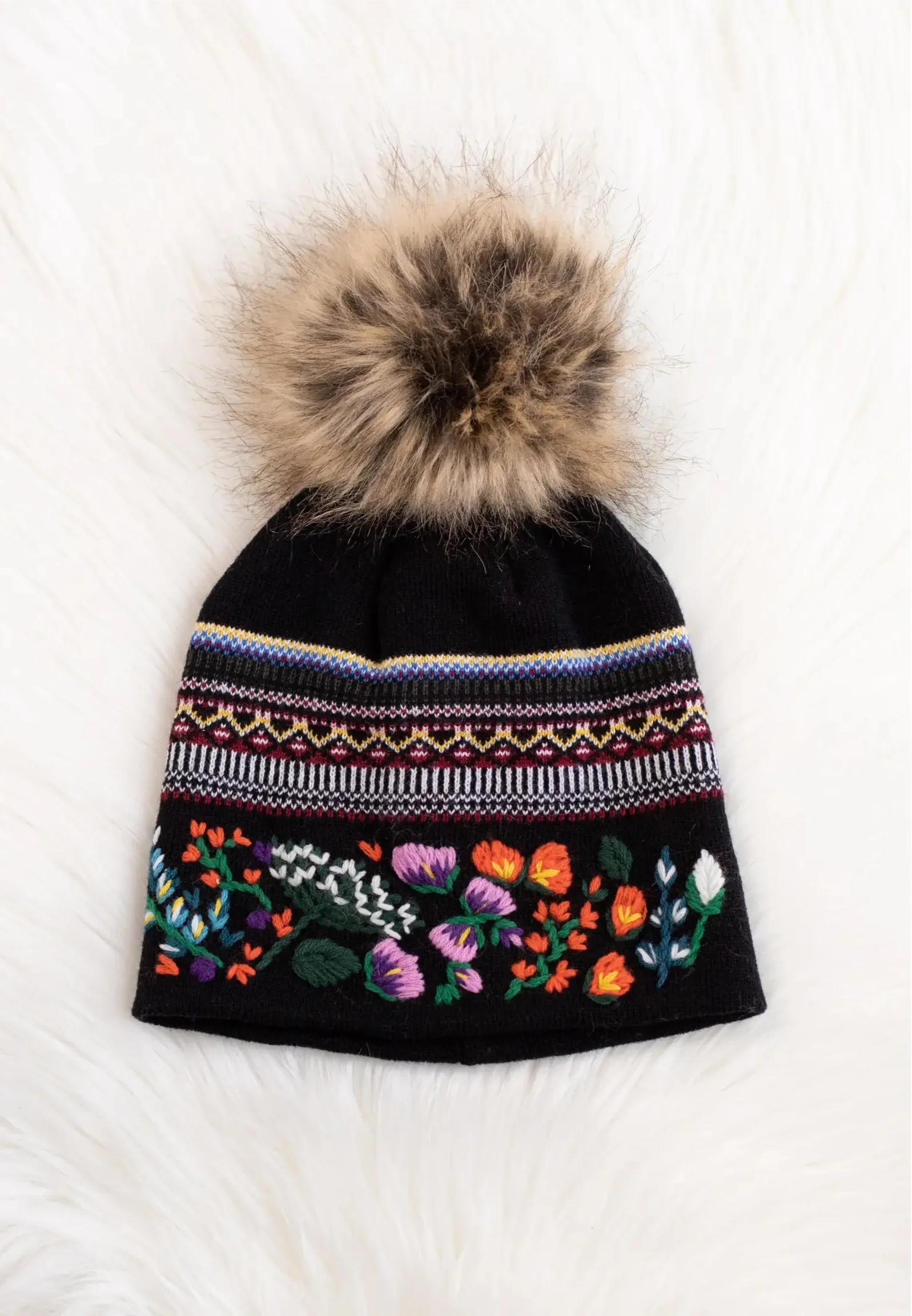 Embroidered Knit Hat with Faux Fur Pom