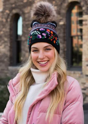 Embroidered Knit Hat with Faux Fur Pom