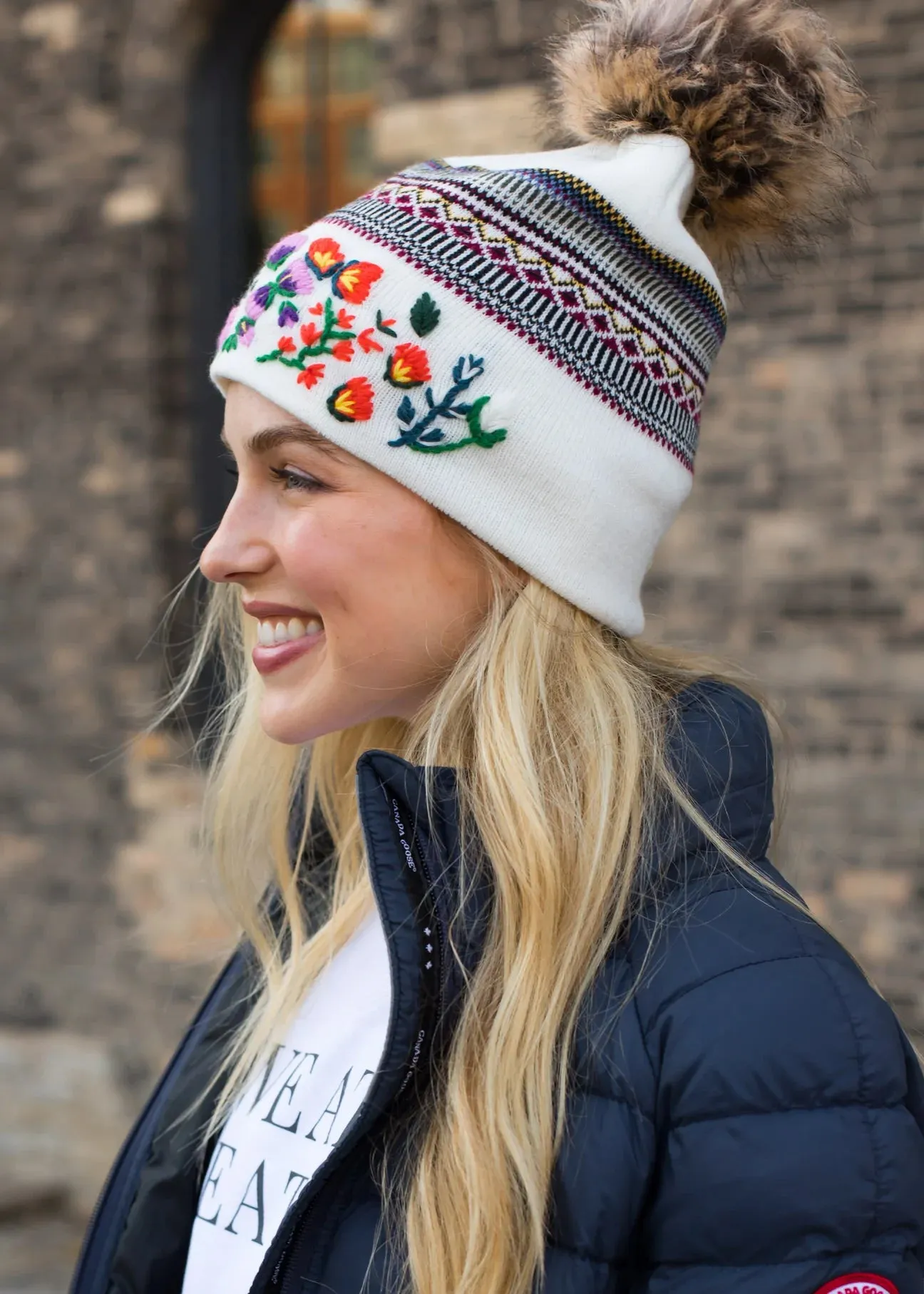 Embroidered Knit Hat with Faux Fur Pom