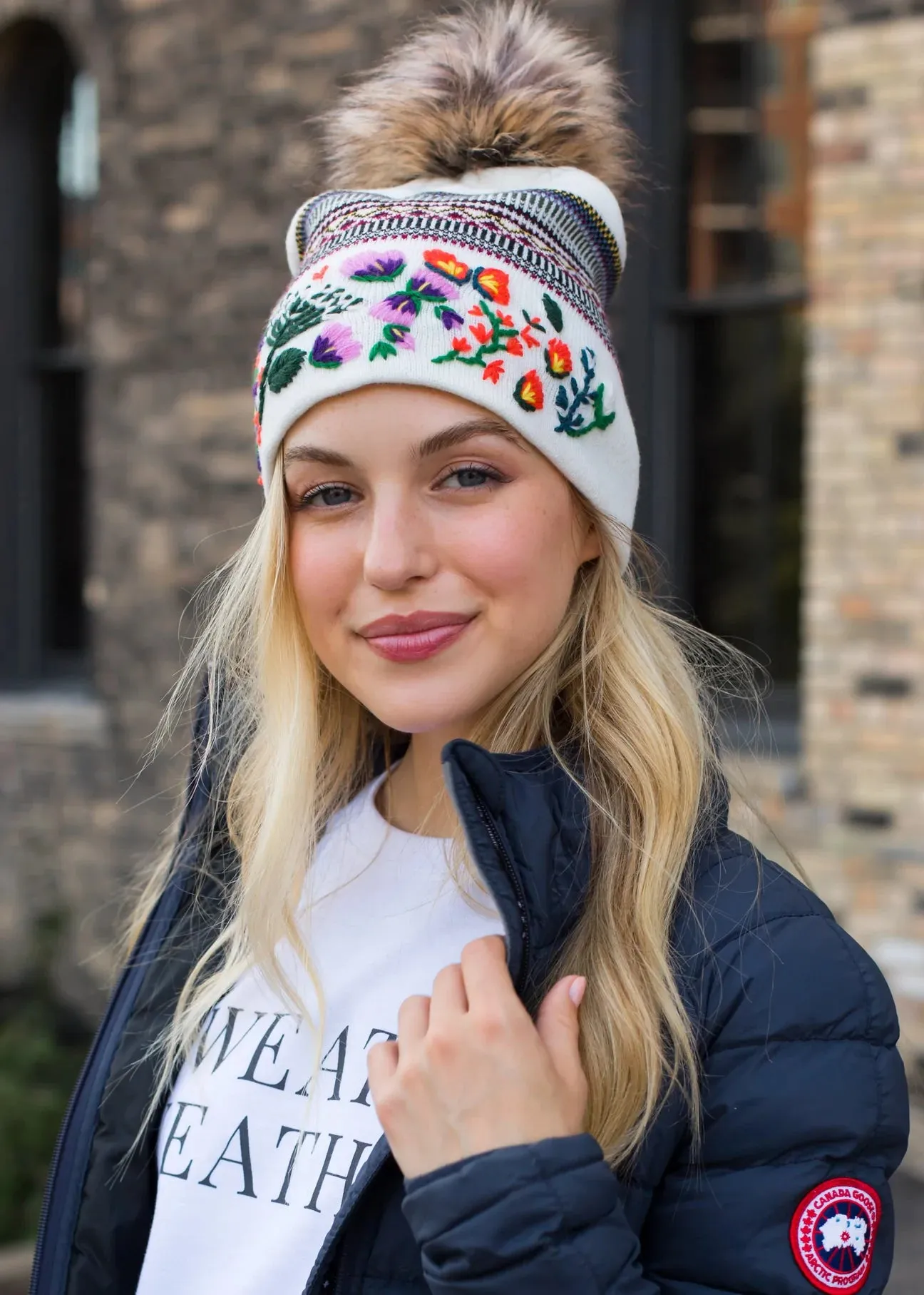 Embroidered Knit Hat with Faux Fur Pom