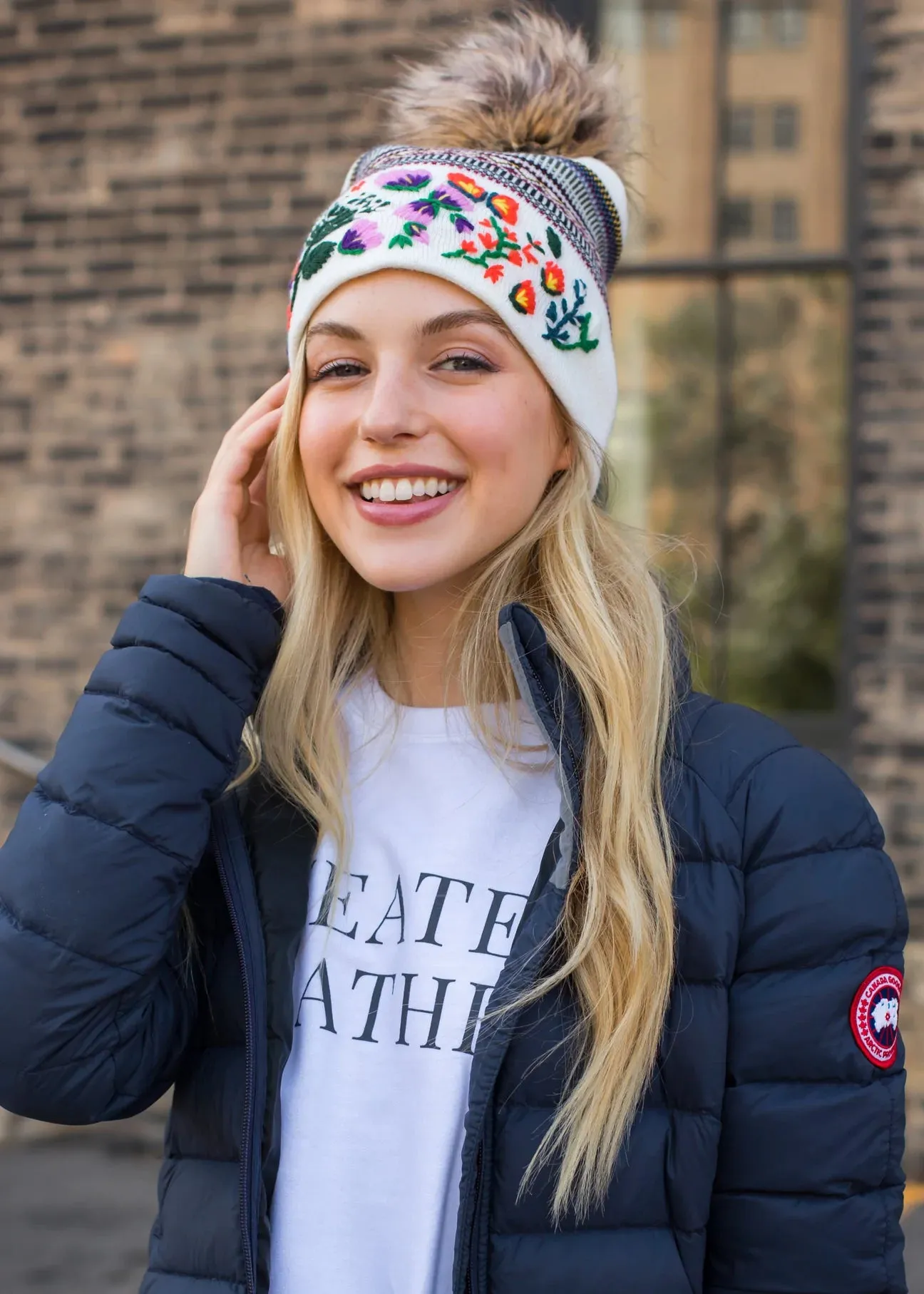 Embroidered Knit Hat with Faux Fur Pom