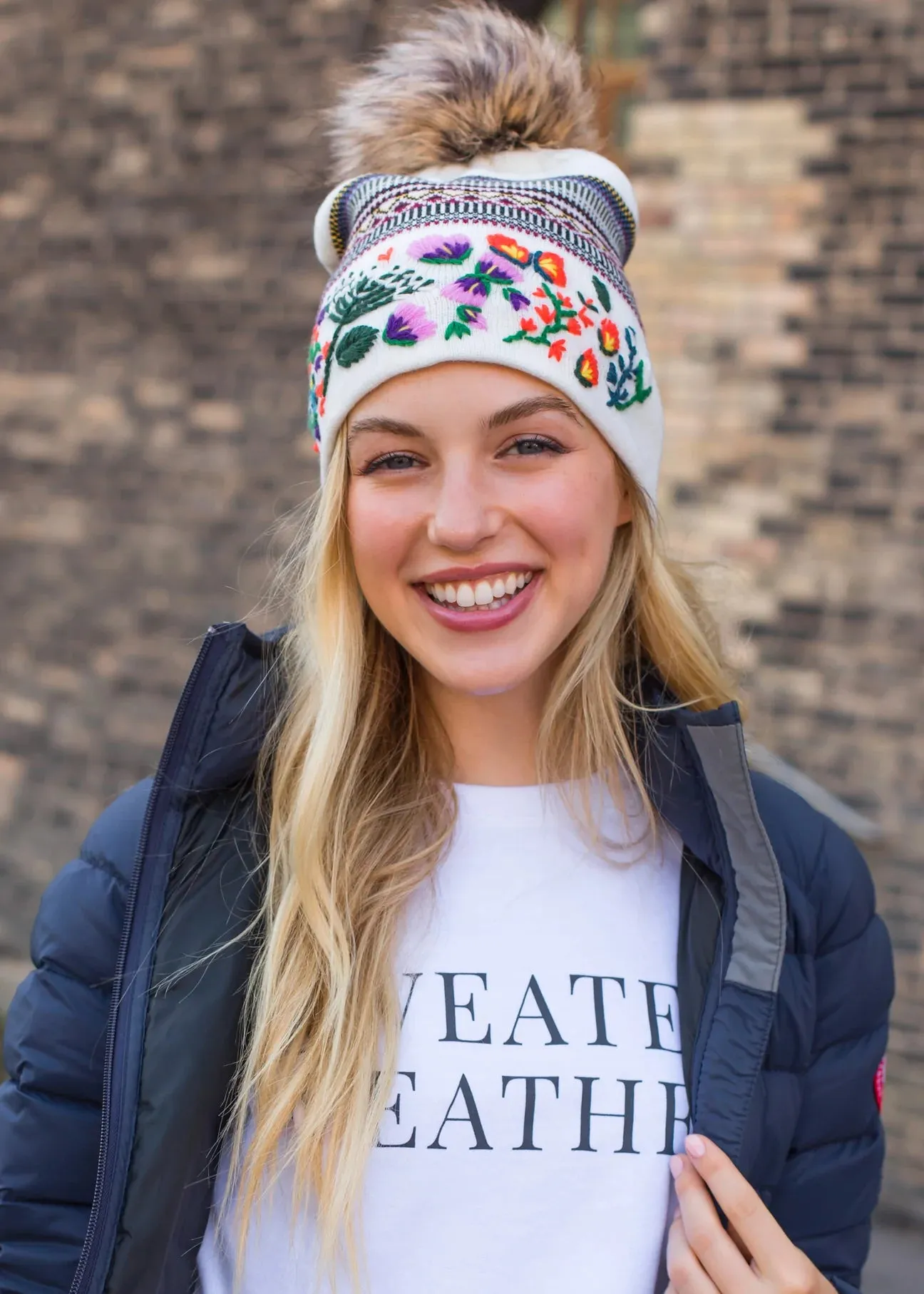 Embroidered Knit Hat with Faux Fur Pom