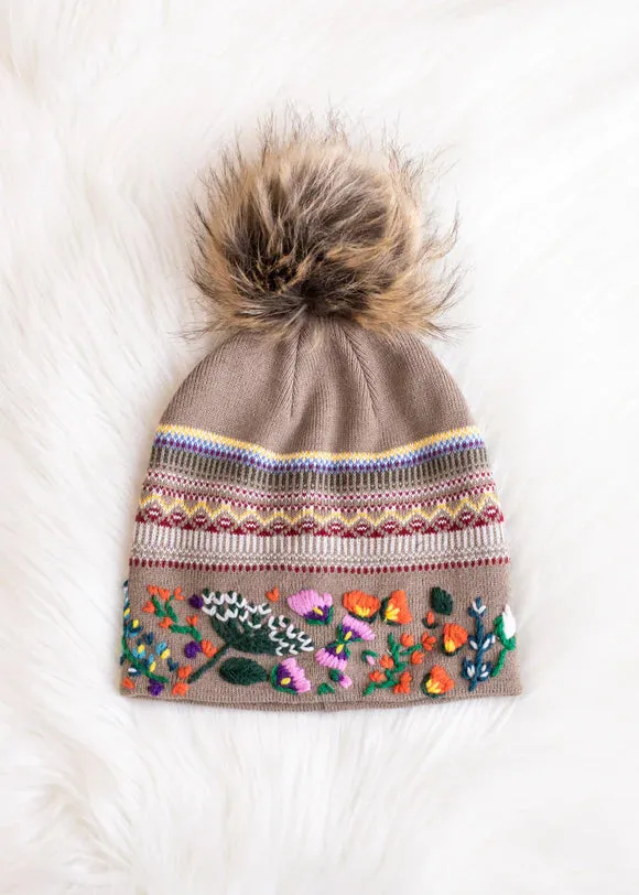 Embroidered Knit Hat with Faux Fur Pom