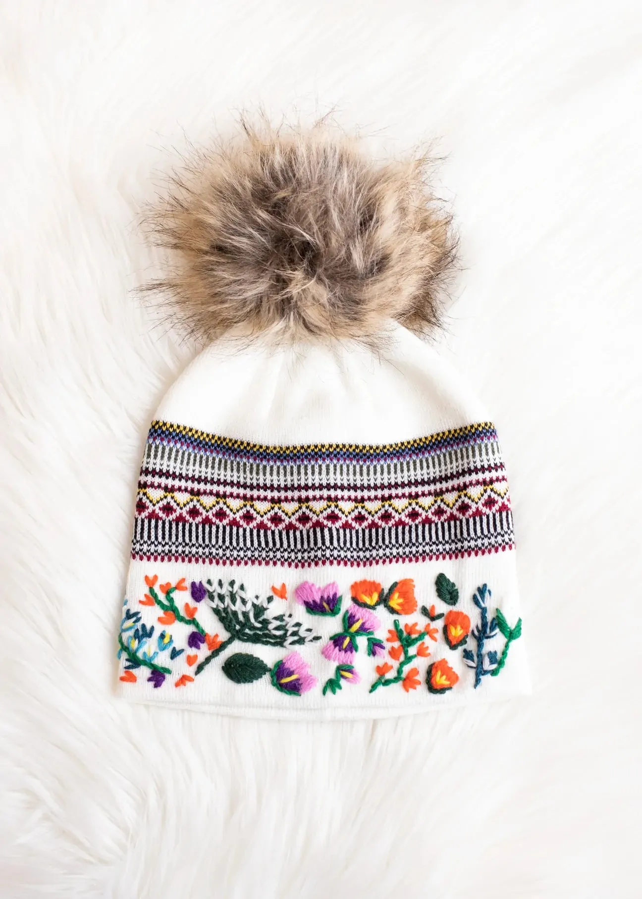 Embroidered Knit Hat with Faux Fur Pom