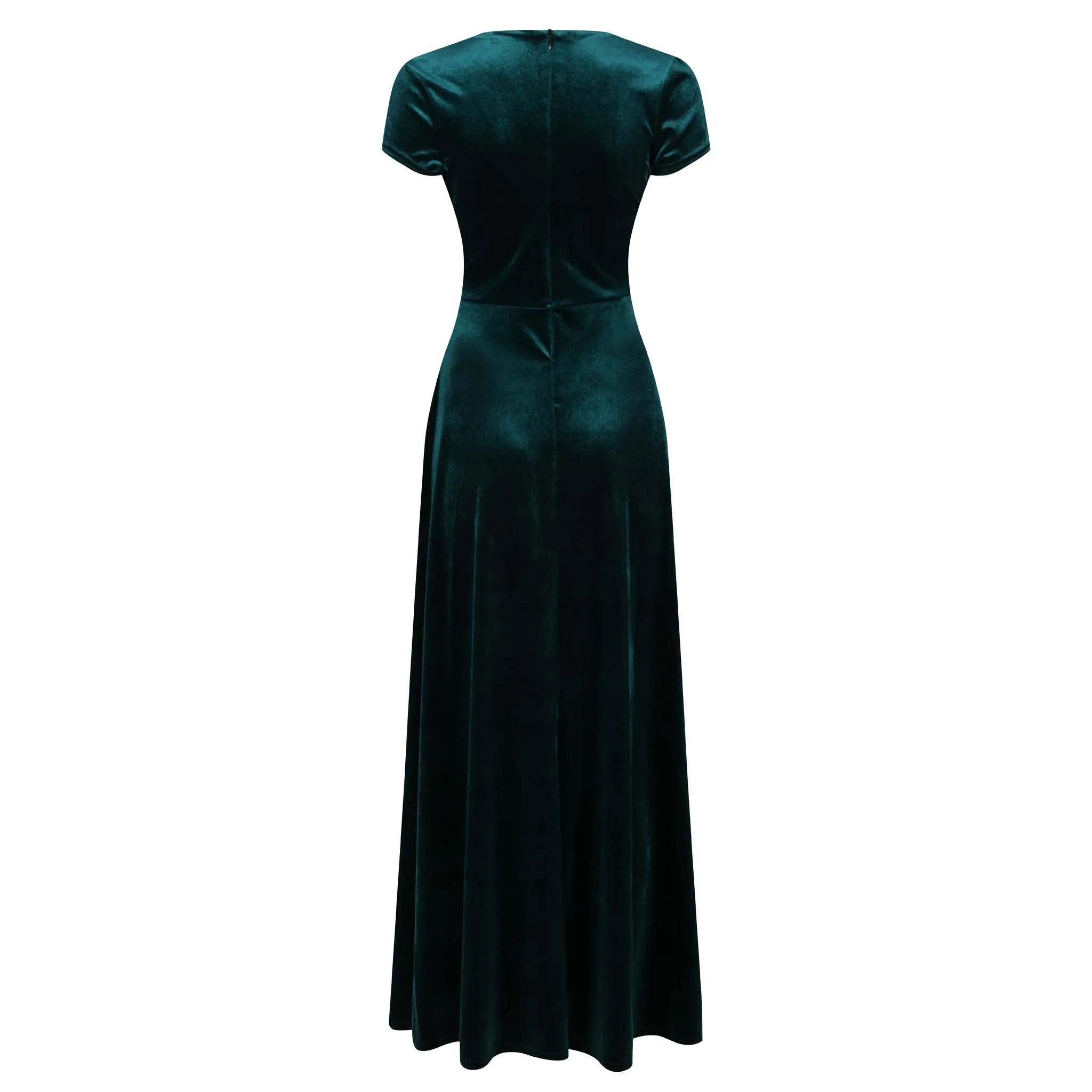 Green Velour V Neck Cap Sleeve Maxi Dress