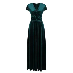 Green Velour V Neck Cap Sleeve Maxi Dress