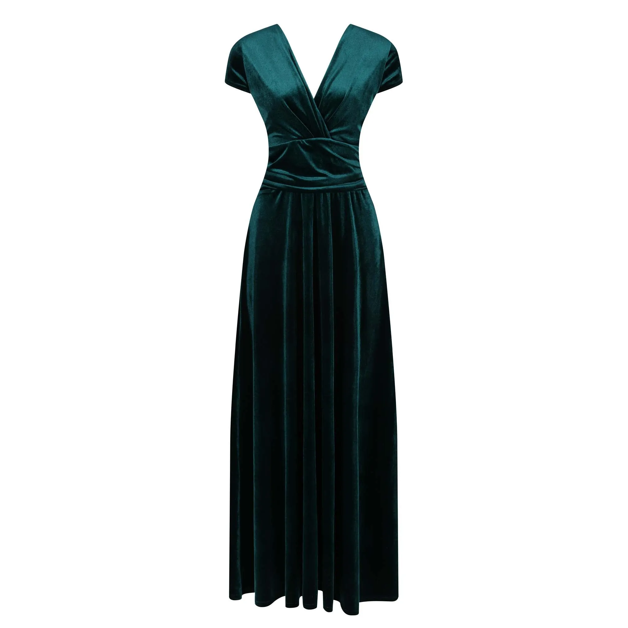 Green Velour V Neck Cap Sleeve Maxi Dress