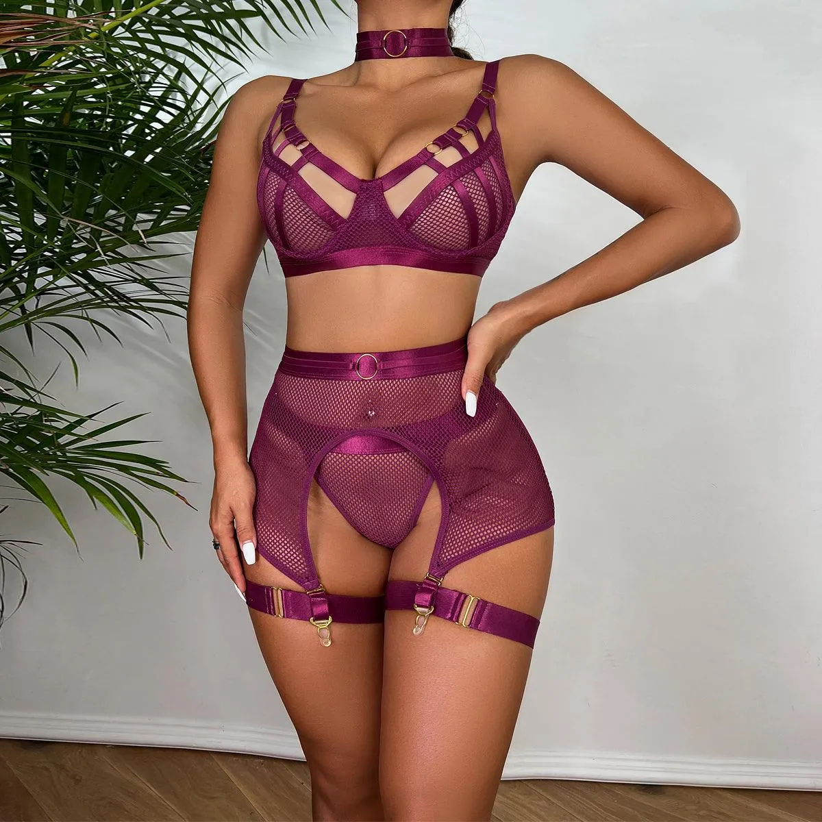 Exotic Luxury Lace Lingerie Set with Garters and Sheer Half Cup - Transparent Design