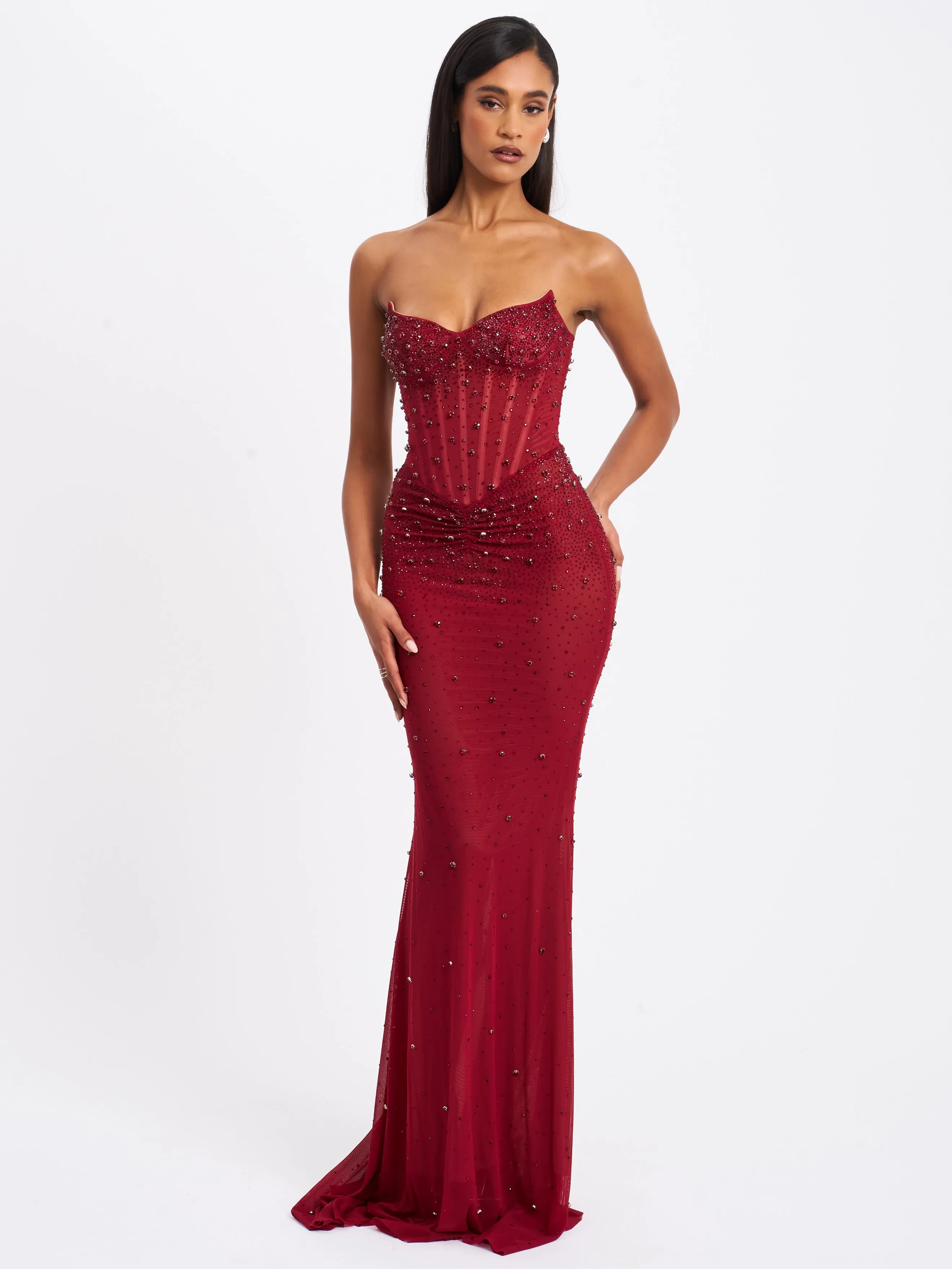 Fatima Burgundy Crystal Sleeveless Corset Mermaid Maxi Dress