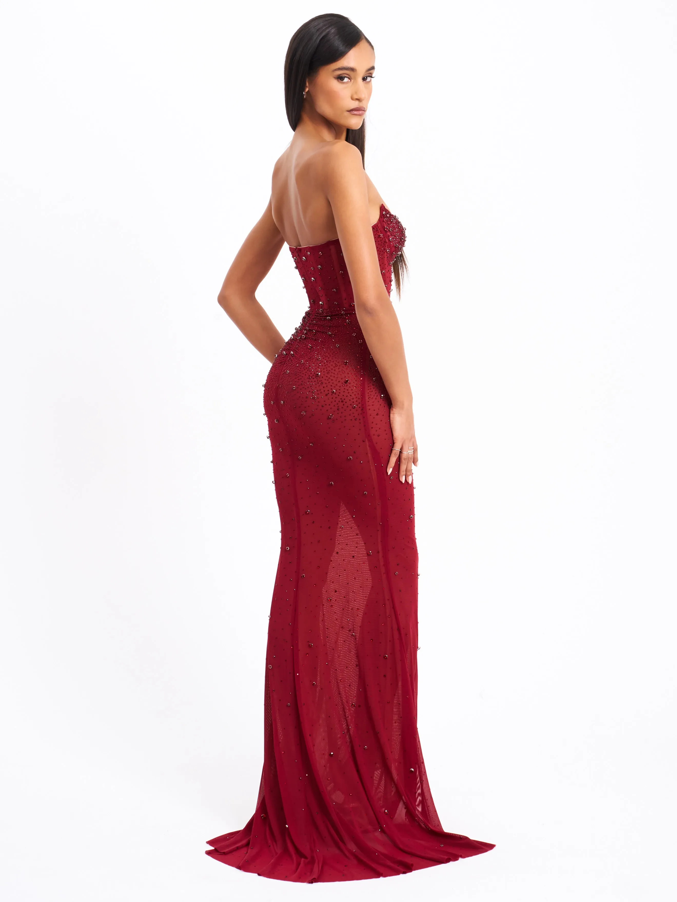 Fatima Burgundy Crystal Sleeveless Corset Mermaid Maxi Dress