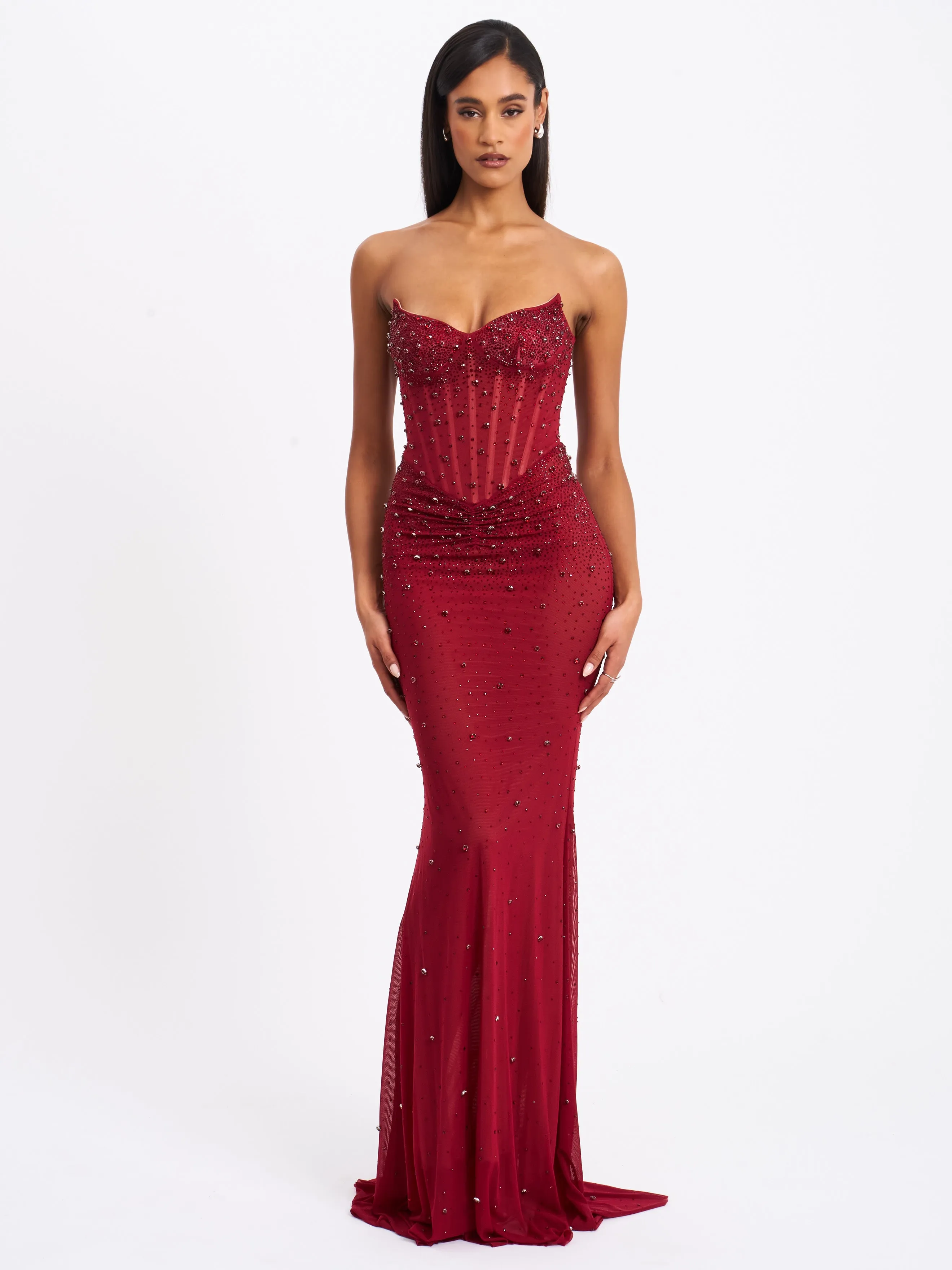 Fatima Burgundy Crystal Sleeveless Corset Mermaid Maxi Dress