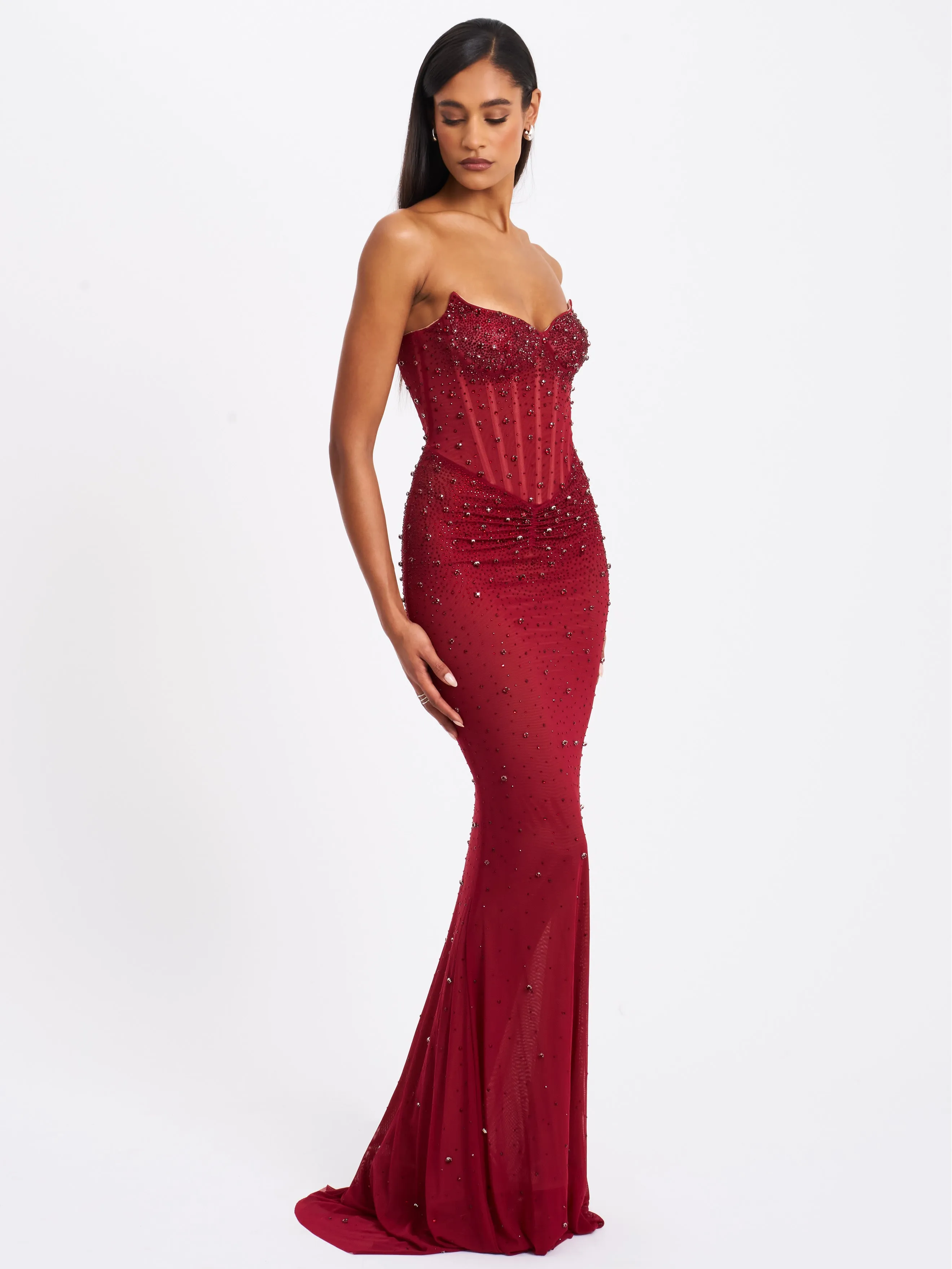 Fatima Burgundy Crystal Sleeveless Corset Mermaid Maxi Dress