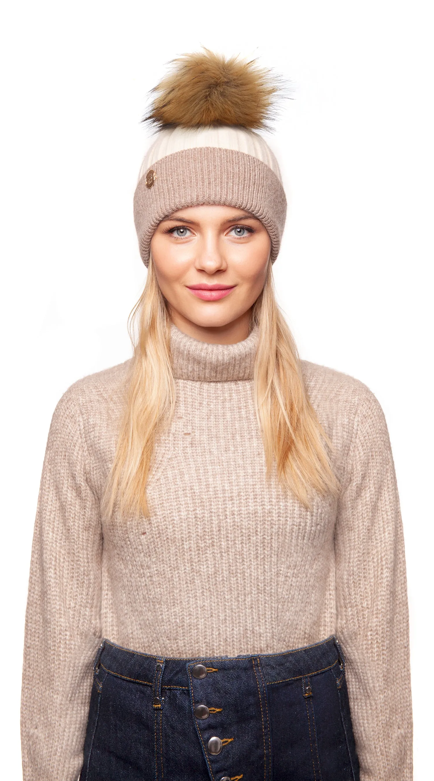 Faux Harley Pom Pom Hat - Ivory & Oatmeal