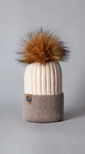 Faux Harley Pom Pom Hat - Ivory & Oatmeal