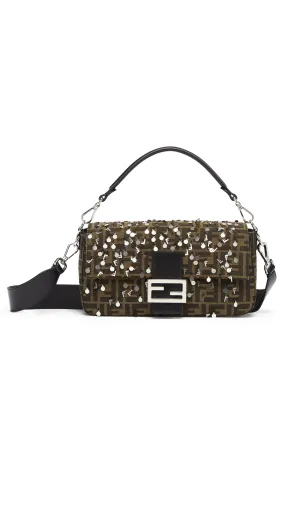 Brown Fabric and Sequin Baguette Bag by FF