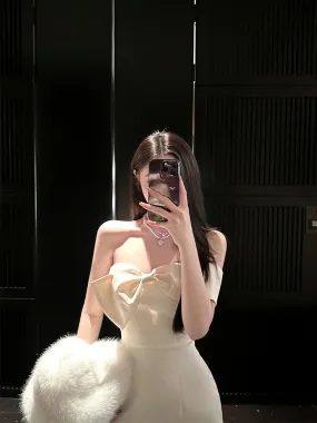 For Fay Delicate Girl/Champagne Bow Satin Tubeless Dress High-end Off-the-Shoulder Short Skirt for Women