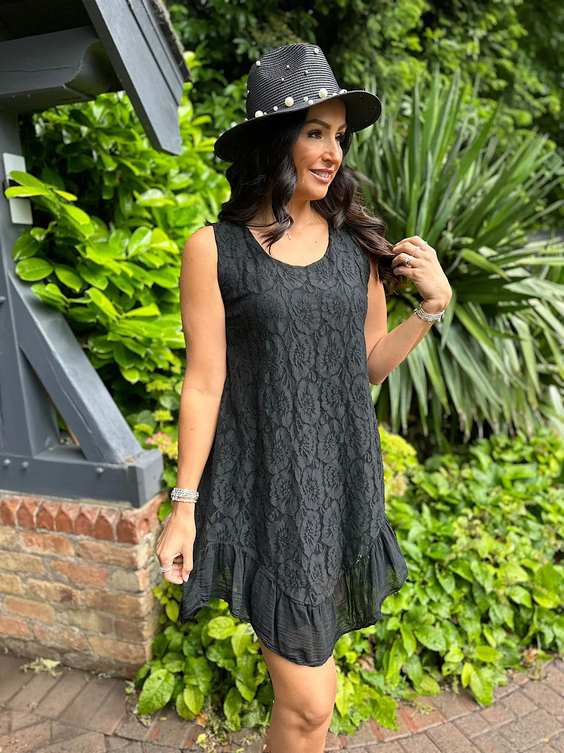 Frill Hem Black Dress with Amber Floral Print