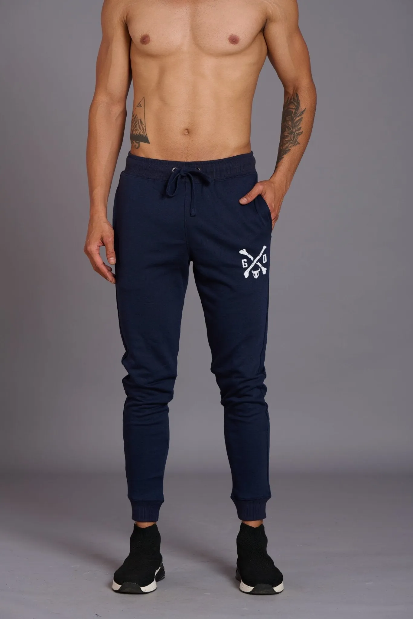 G/D Printed Navy Blue Cotton Joggers for Men