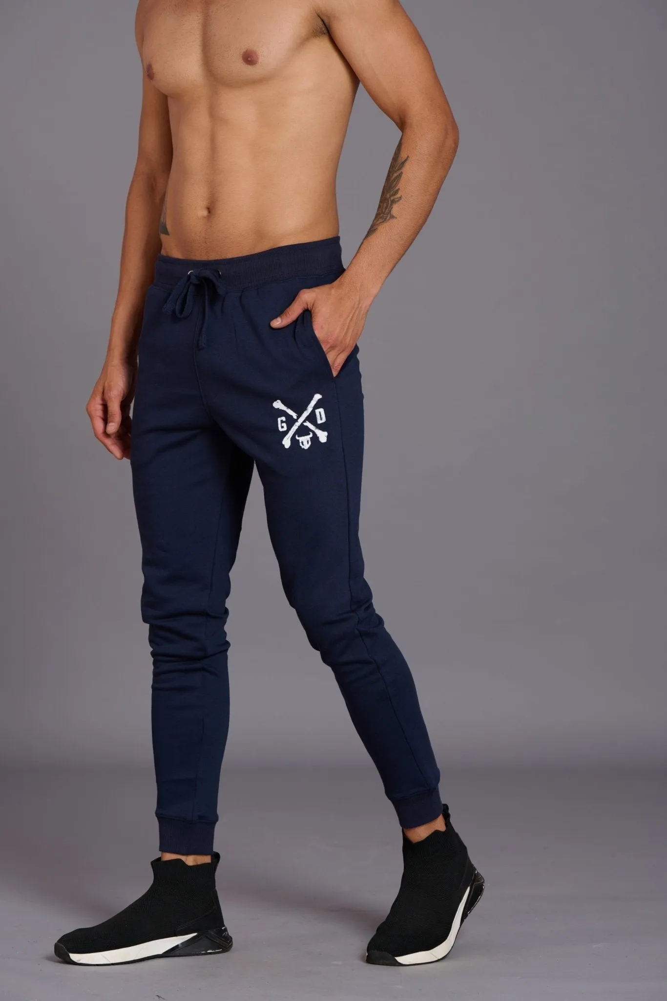 G/D Printed Navy Blue Cotton Joggers for Men