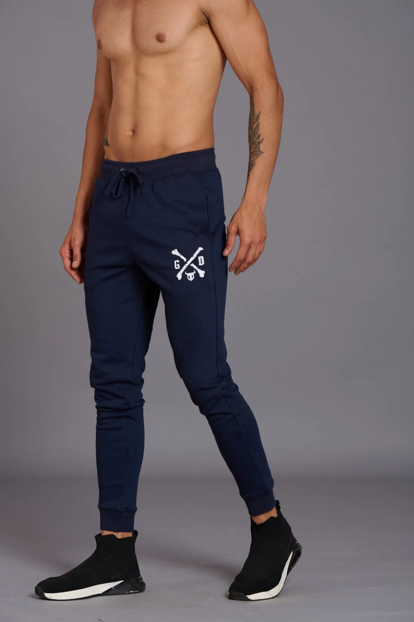 G/D Printed Navy Blue Cotton Joggers for Men