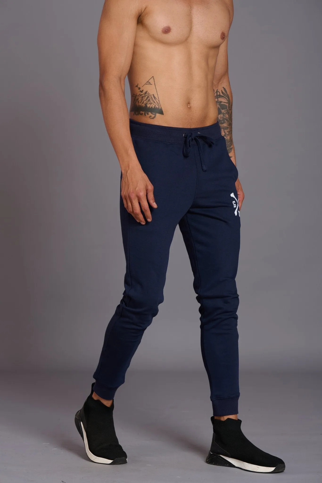 G/D Printed Navy Blue Cotton Joggers for Men