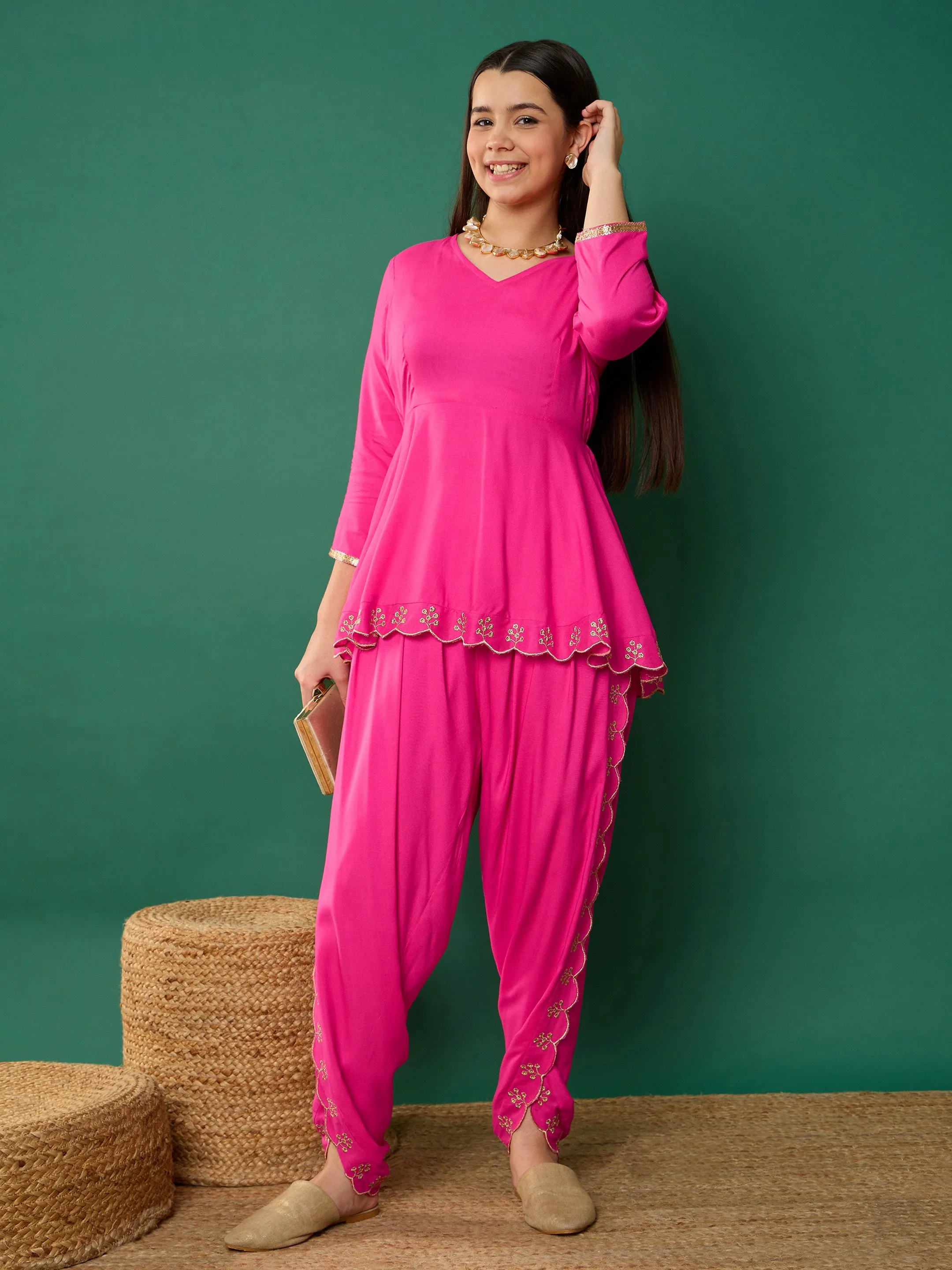 Girl Fuchsia Solid Peplum Top With Dhoti Pants