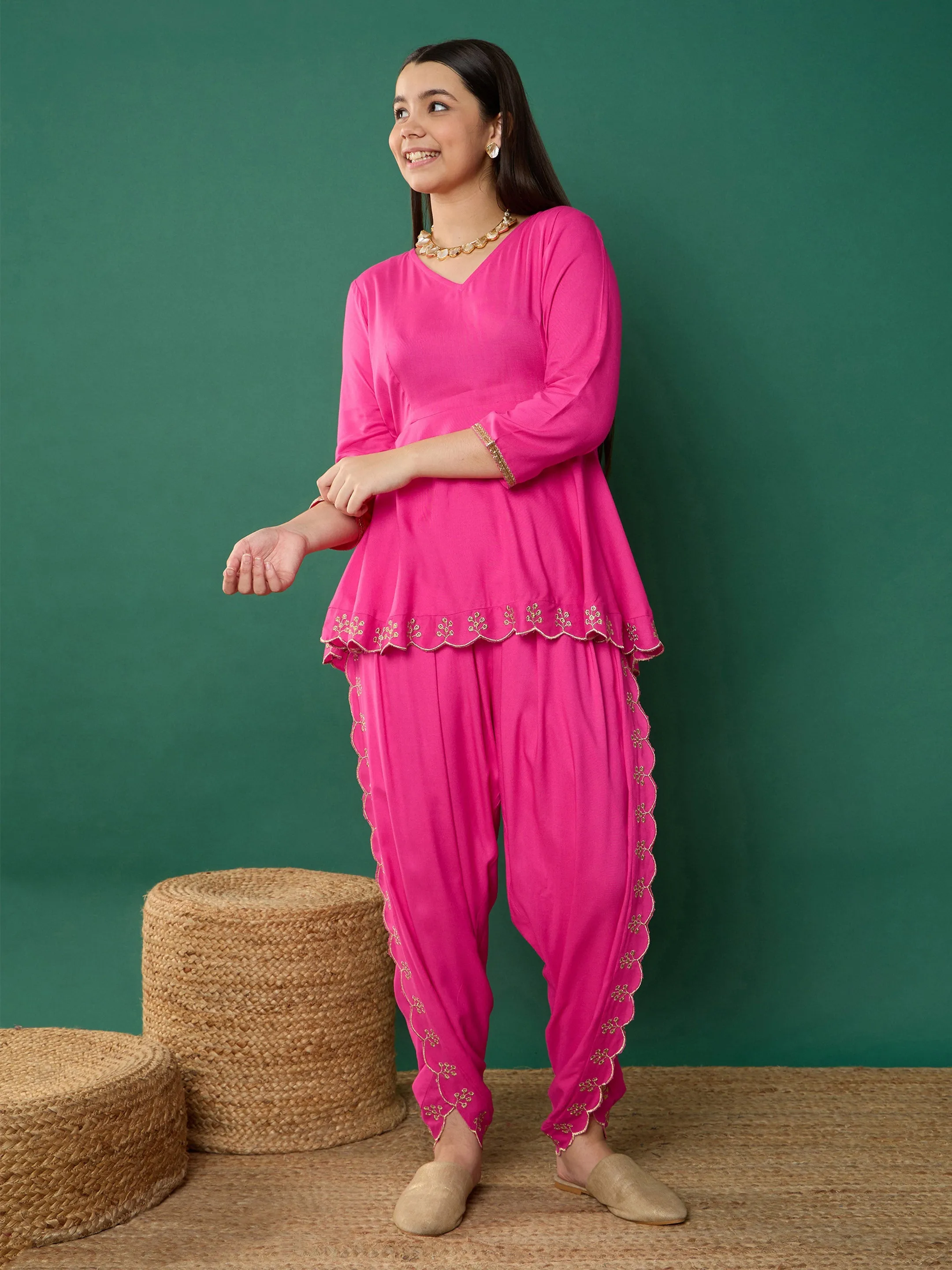 Girl Fuchsia Solid Peplum Top With Dhoti Pants