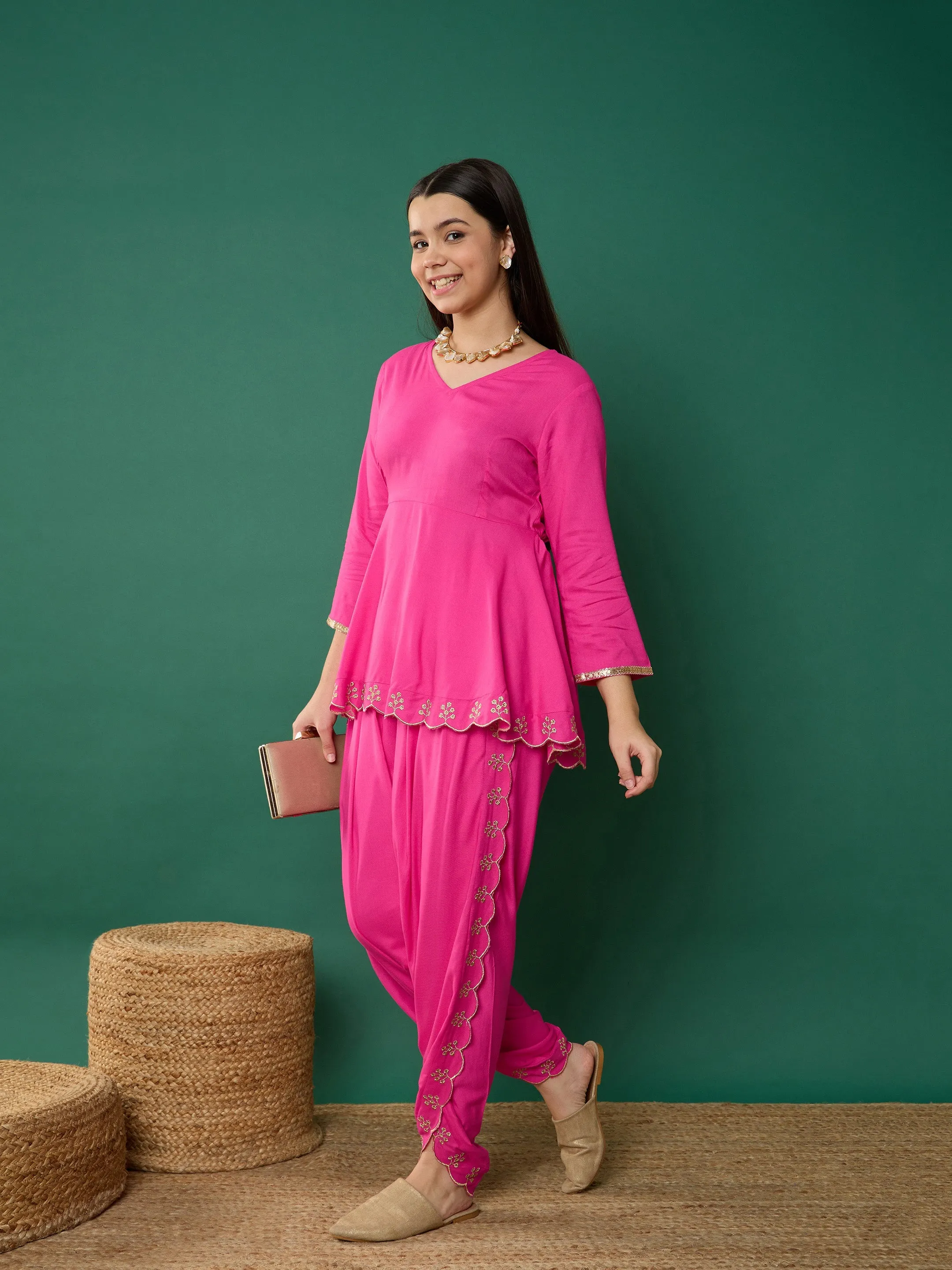 Girl Fuchsia Solid Peplum Top With Dhoti Pants