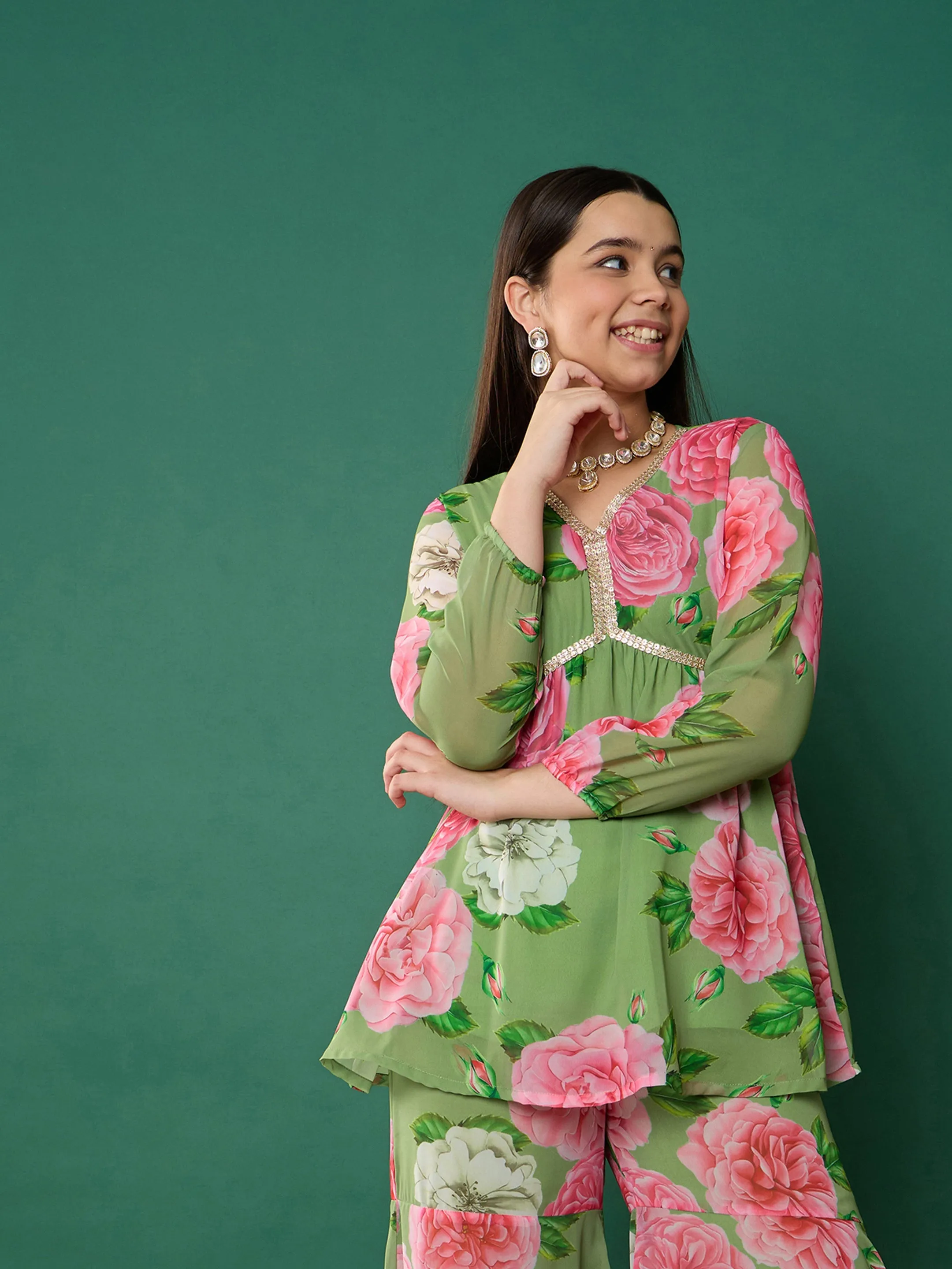 Girl Green Floral Peplum Top With Biased Flare Sharara