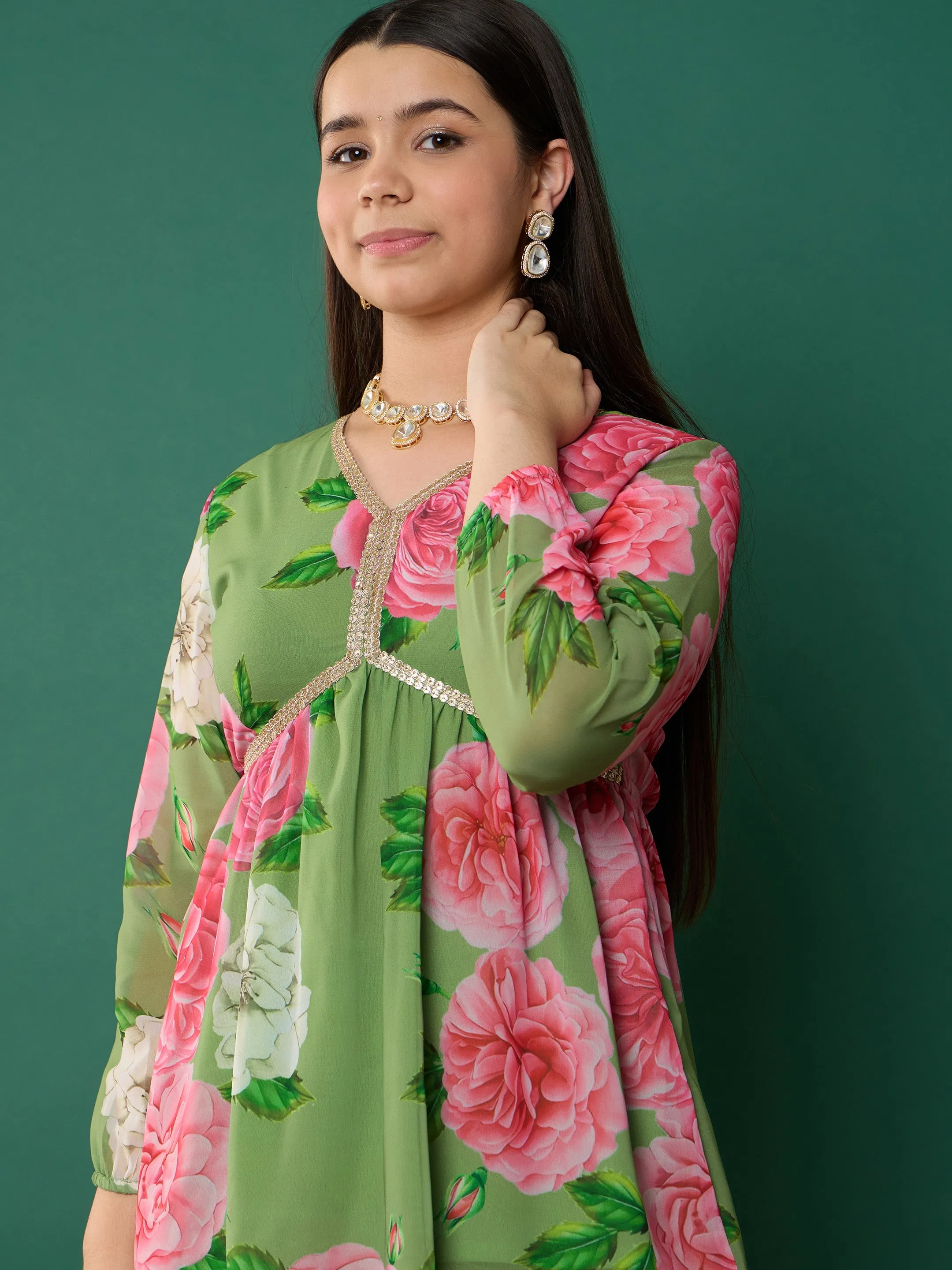 Girl Green Floral Peplum Top With Biased Flare Sharara