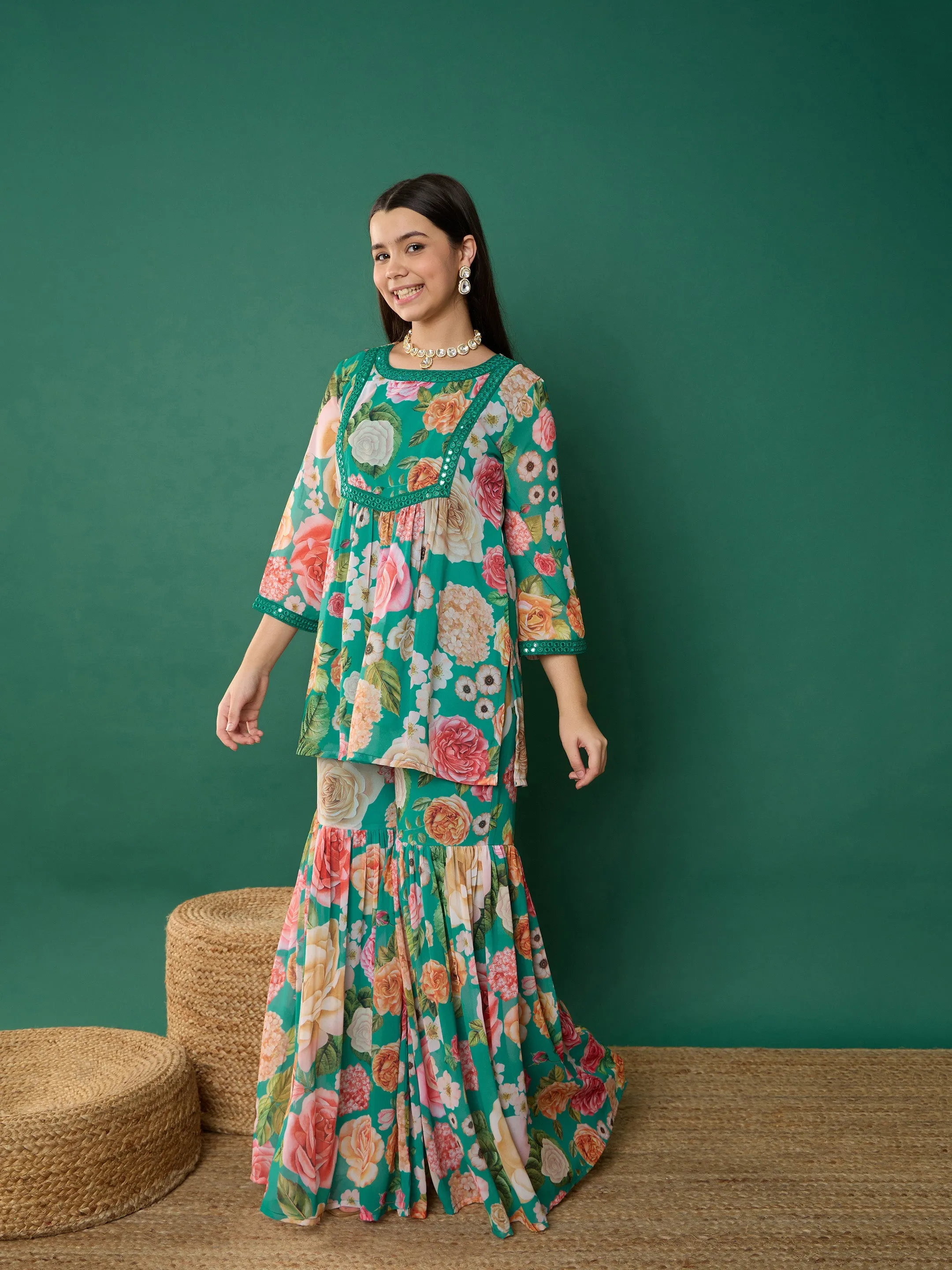 Girl Green Floral Short Kurta With Sharara Pants